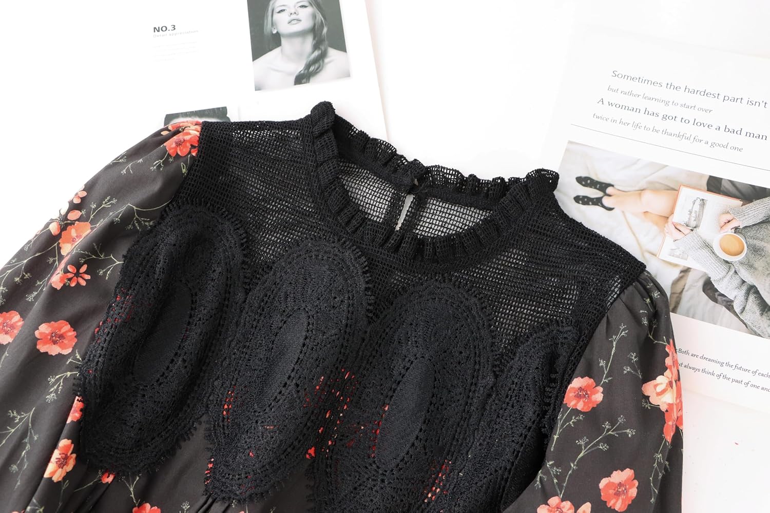 Women’s Lace Detail Flared Long Sleeve Blouse Lace Poplin Mesh Crew Neck Shirts Ruffle Swing Elegant Babydoll Tops - Image 6