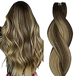 HOTBANANA Sew in Hair Extensions Real Human Hair, 14inch 80g Weft, Chocolate Brown Mixed Caramel Blonde Balayage, Straight Remy Hair, Full Head