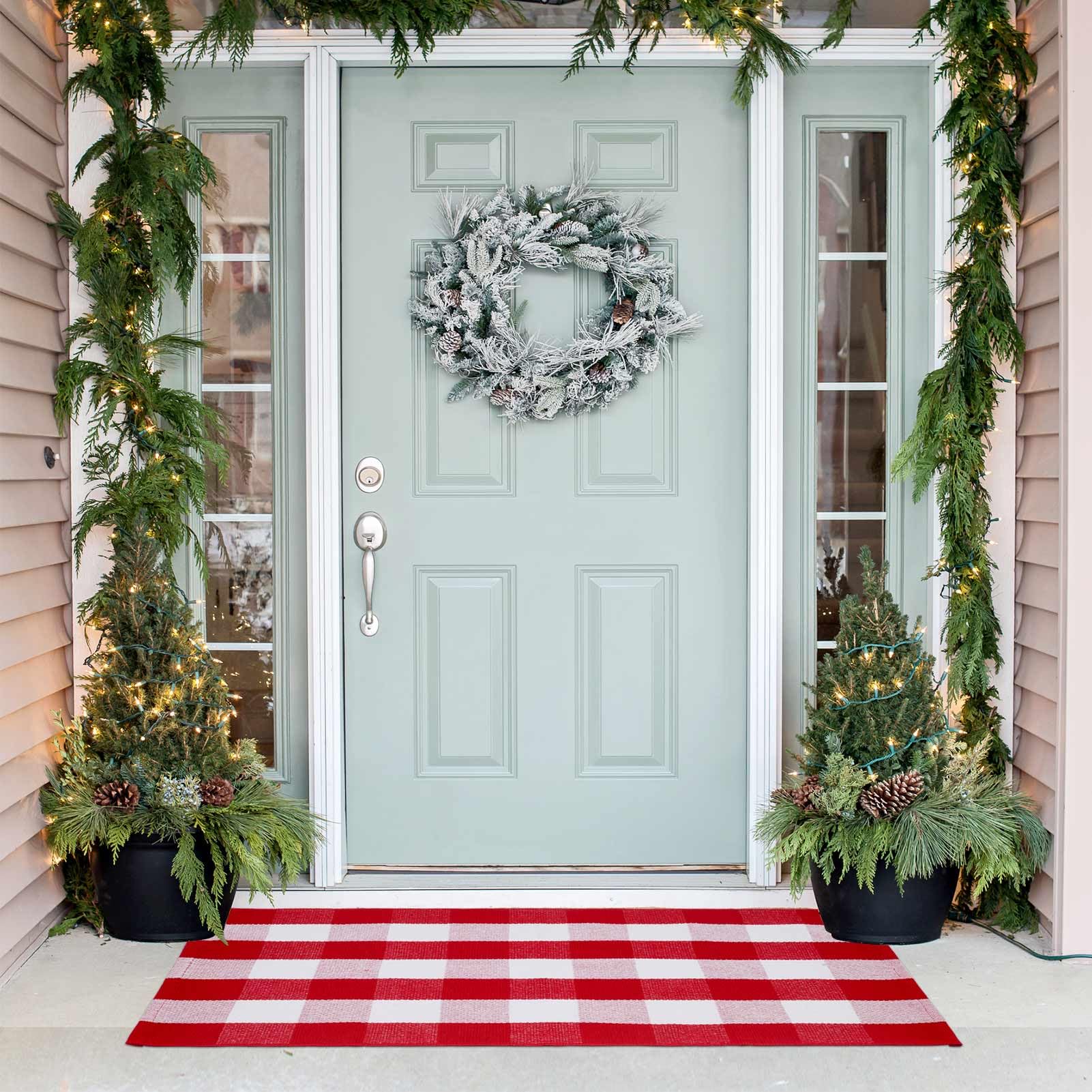 Alfombra de cuadros rojos y blancos de Navidad de 27.5 x 43 pulgadas, tejida a mano para interiores y exteriores, mezcla de algodón, lavable, perfecta para porche, sala de estar, entrada