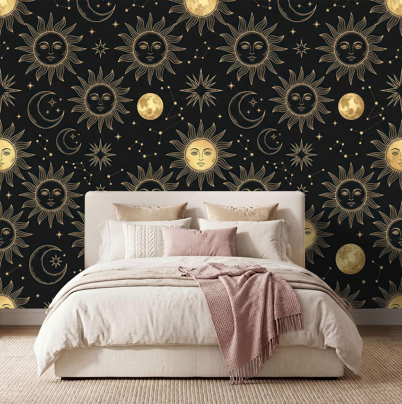 Natur Fantasie Wald Panorama Fototapete 400 x 280 cm, Sonne Mond Menschliches Gesicht Sternenmuster Sterne Vlies Tapete Wandtapete, Schwarz-Gold Wandbilder Tapete für Wohnzimmer Schlafzimmer Apartment