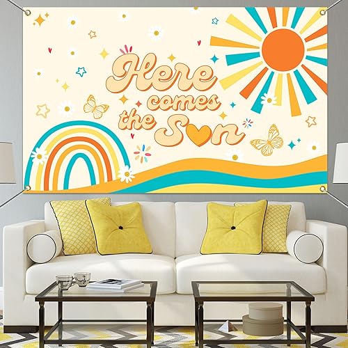 Miniatura 7 de Mocsicka Banner bohemio para baby shower con texto en inglés Here Comes the Sun, decoración de fiesta de baby shower, para fotografía, decoración de