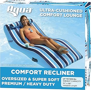 Aqua Ultra-Comfort Floating Pool Chair & Lake Raft with Pillow – 1-Person Heavy Duty Pool Float, Lake Floating Chair – Navy/White Stripe