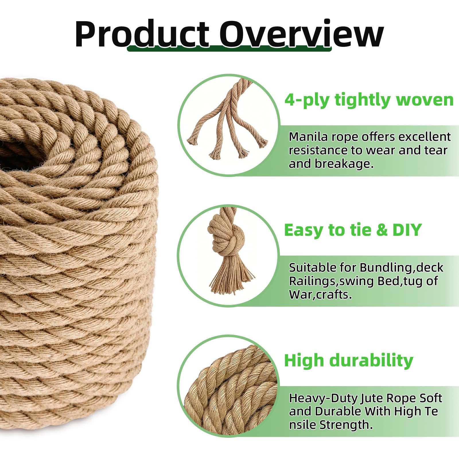 Twisted Manila Rope Jute Rope (3/4 in x 20 ft) Natural Thick Hemp Rope for Crafts, Railings, Hammock, Decorating 1
