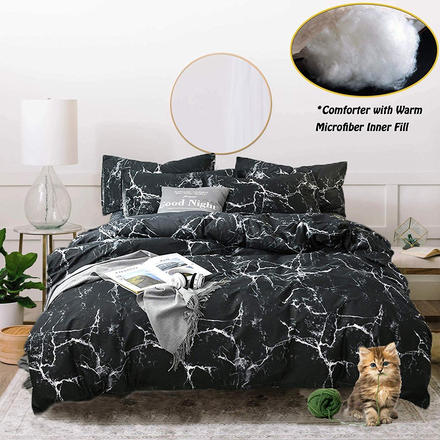 Houseri Black Comforter King Size Black Marble Comforter Sets King Black and White Comforter Marble Bedding Men Women Modern Black and Grey Comforter King Abstract Black King Size Comforter Set