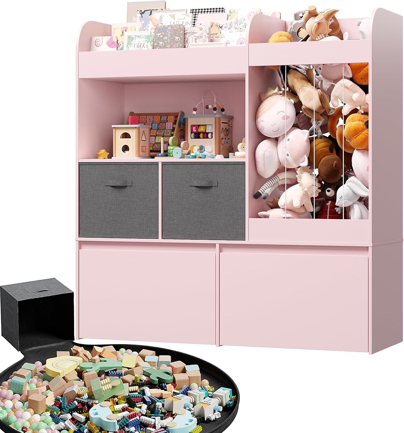 42.9'' Stuffed Animal Storage with Kids Bookshelf, Large Toy Storage with Toy Chest and Play Mat, Wooden Organization with 2 Movable Drawers, 3 Tier Bookshelf for Nursery Kids Room Playroom,Pink