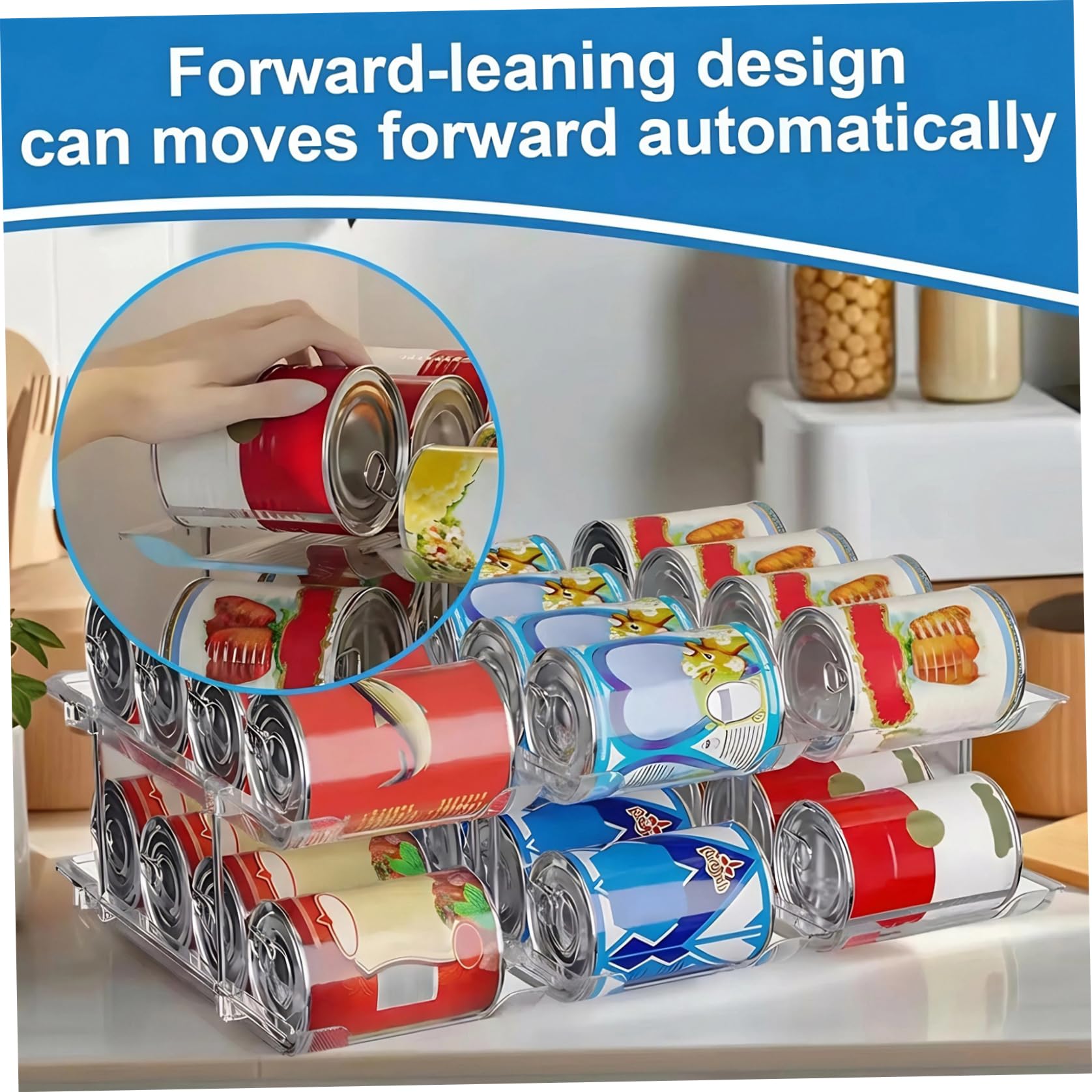 Soportes para latas de despensa, organizador de latas de 3 niveles, organizador de plástico transparente para alimentos enlatados, ideal para armarios de cocina, mostradores y refrigeradores