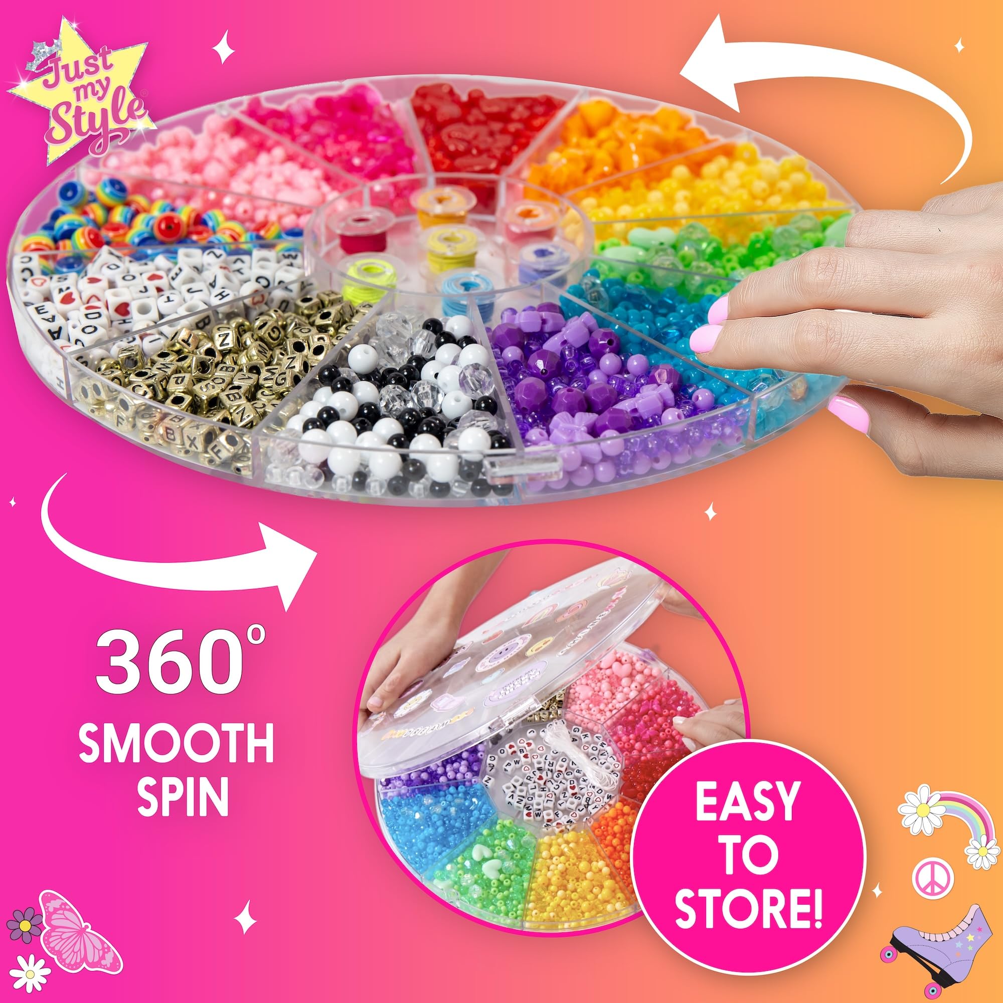 Just My Style Kit de fabrication de bracelets arc-en-ciel avec étui à perles pivotantes, comprend plus de 1 000 perles pour la fabrication de bracelets, élastiques, etc
