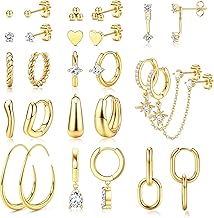 FIOROYAL 13 Pairs of Women's Gold Hoop Earrings Hypoallergenic 14K Gold Plated Ear Piercing Earrings Huggie Stacks for Multiple Piercing Gold/Silver