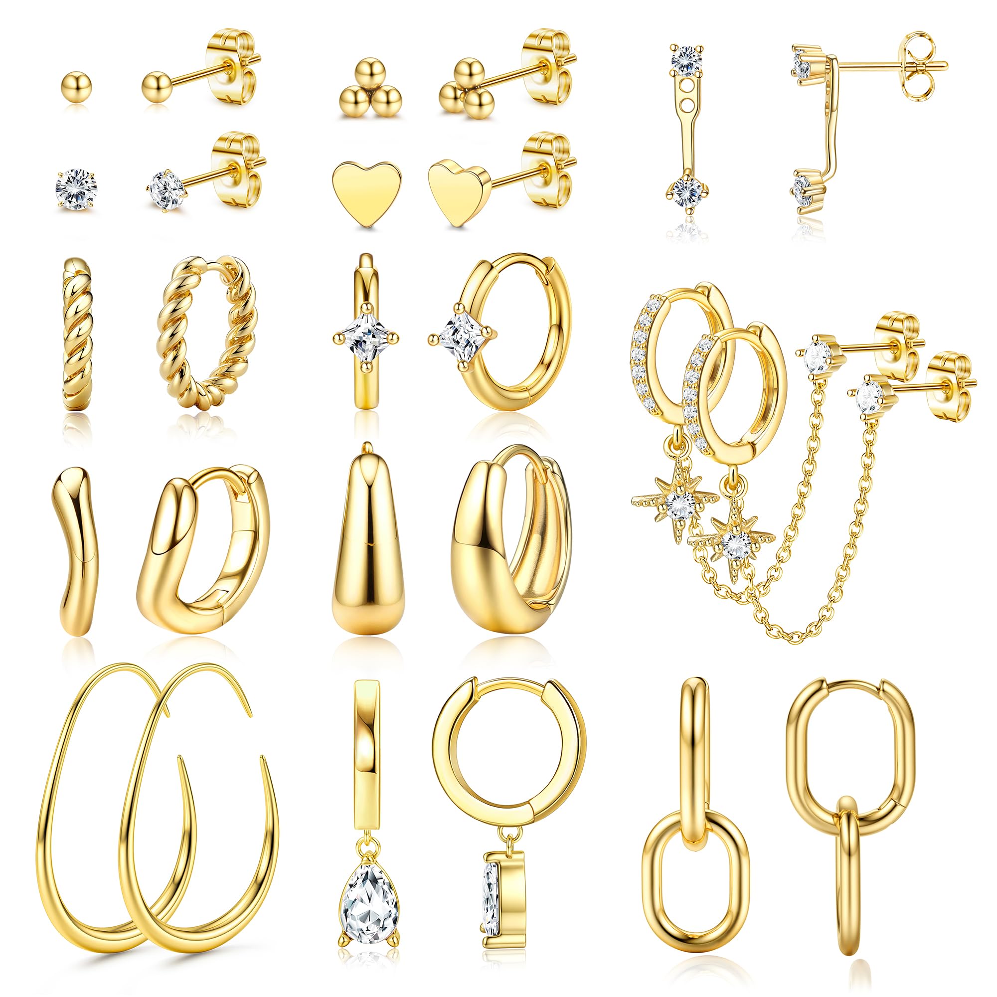 FIOROYAL 10 Paar Ohrringe Set Gold & Silber - Hypoallergene Creolen Und Ohrstecker Für Piercings