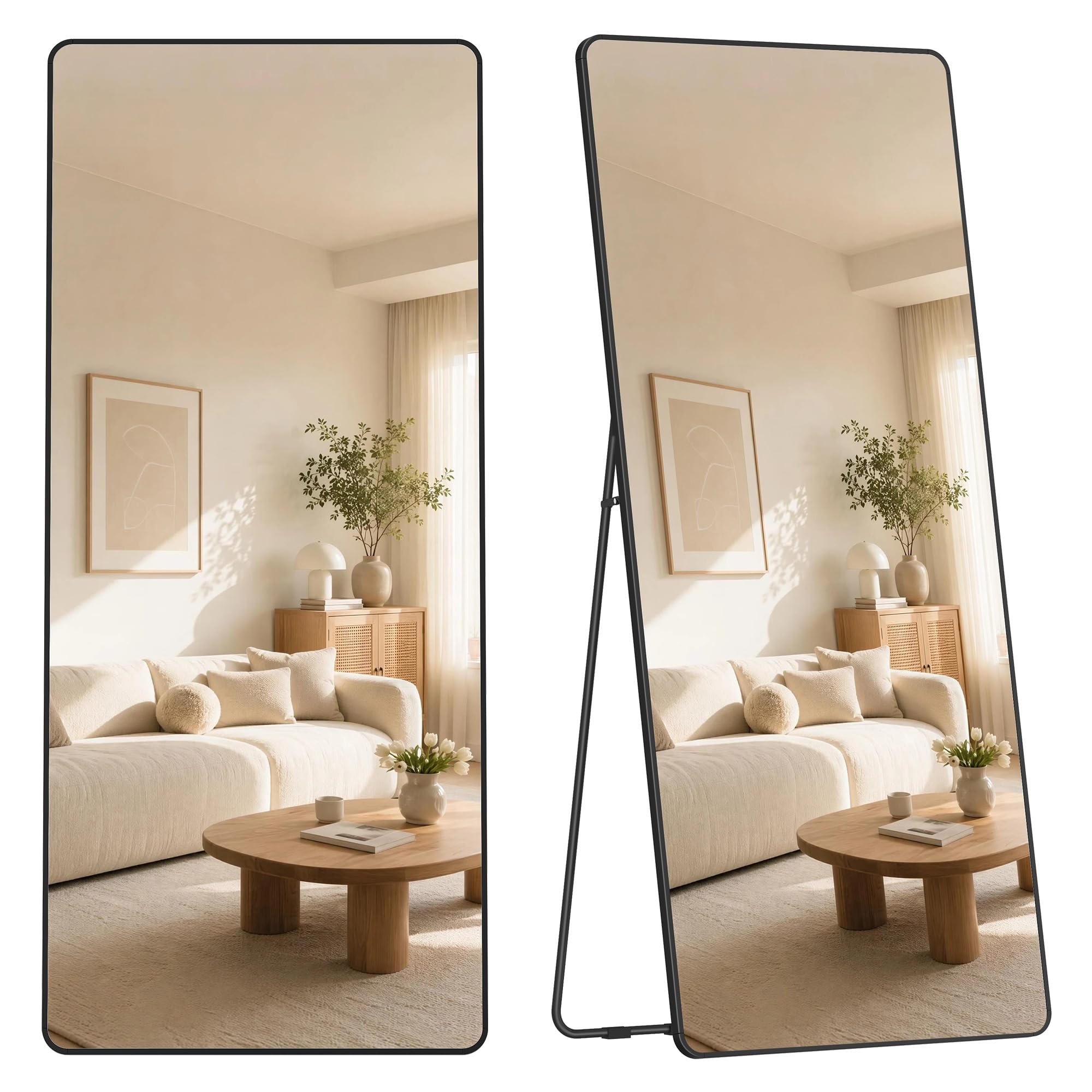 Hzuaneri Full Length Mirrors with Stand, Tempered Glass, 180 × 76 cm, Black