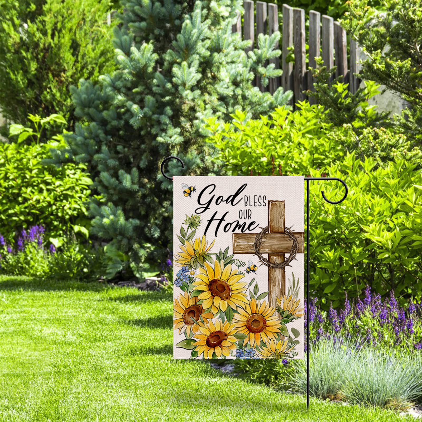 Religiöse Gartenflagge „God Bless Our Home“ – 30,5 X 45,7 Cm, Mit Kreuz & Sonnenblumen, Wetterfest