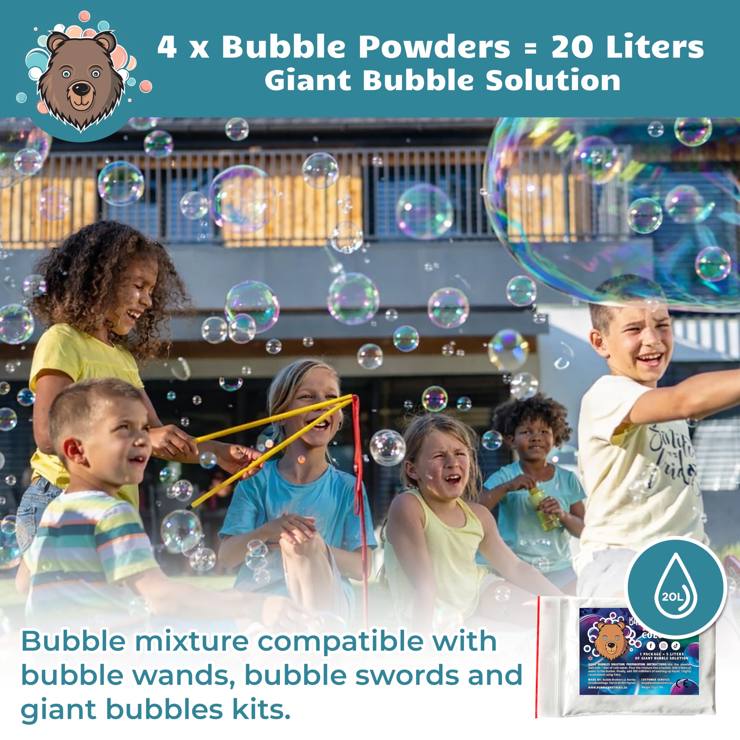 Bubble Brothers - Riesenseifenblasen Pulver für 20 Liter Seifenblasenlösung große und haltbare Seifenblasen Seifenblasenflüssigkeit 4 x 5 Liter Nachfüllflasche Geschenk Giant Soap Bubbles Mixture