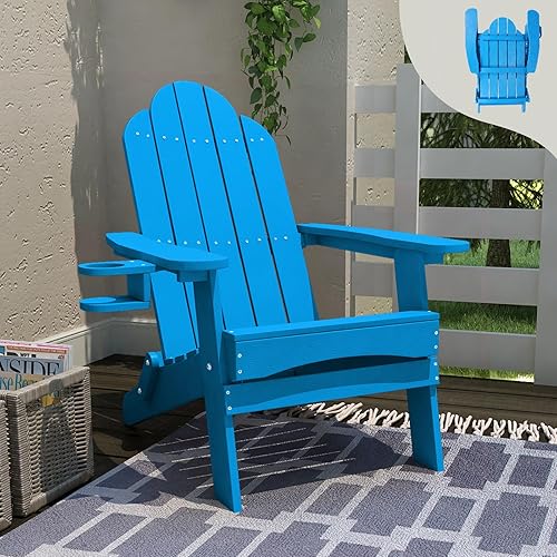 LUE BONA Silla Adirondack plegable, sillas Adirondack de polietileno azul resistentes a la intemperie, sillas de patio Adirondack de plástico