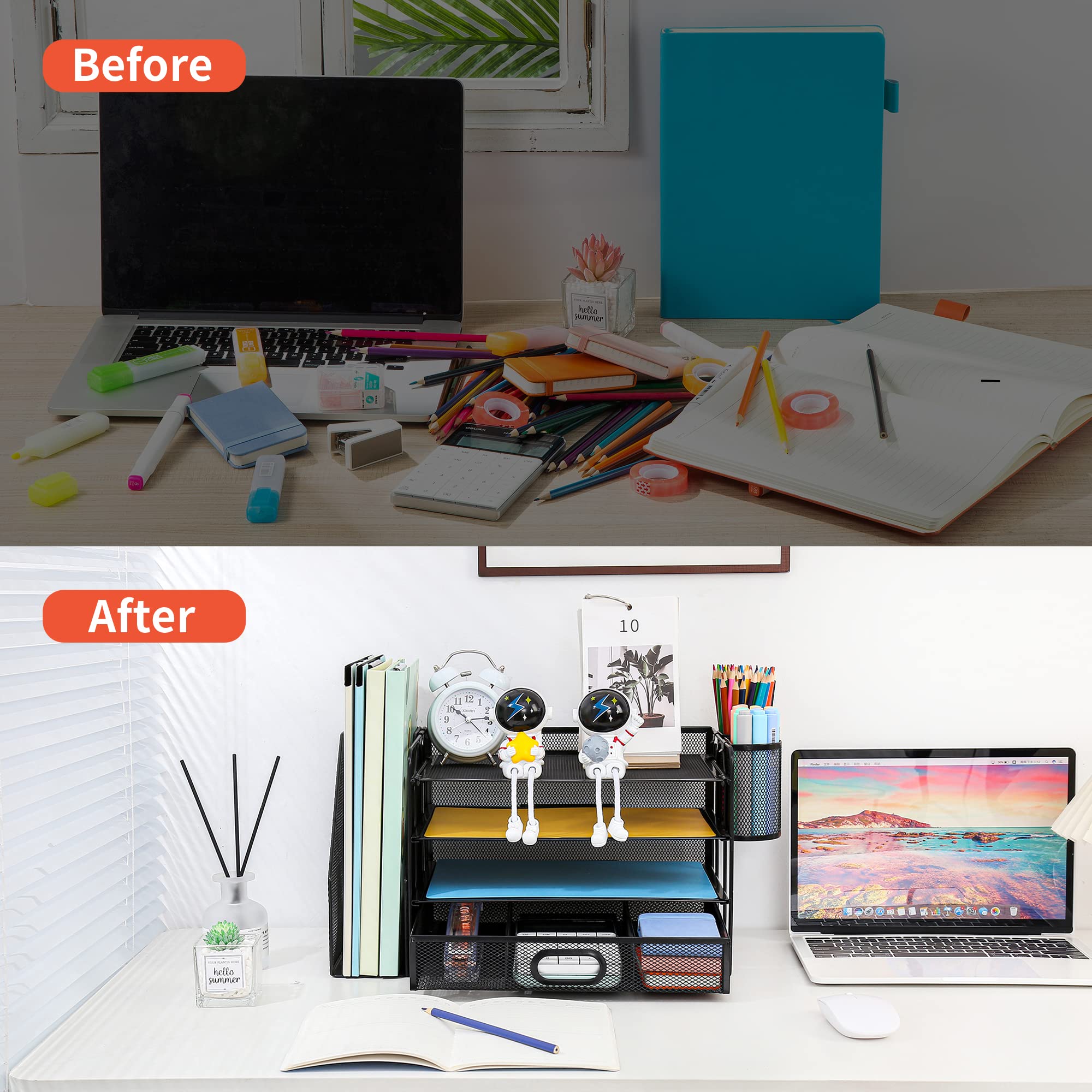 Schreibtisch Organizer mit Aktenhalter, 4 Ebenen Papier Briefablage mit Schublade und 2 Stifthalter, Netz Schreibtisch Ablagefächer Organiser mit Zeitschriftenhalter für Bürobedarf Dokumentenablage