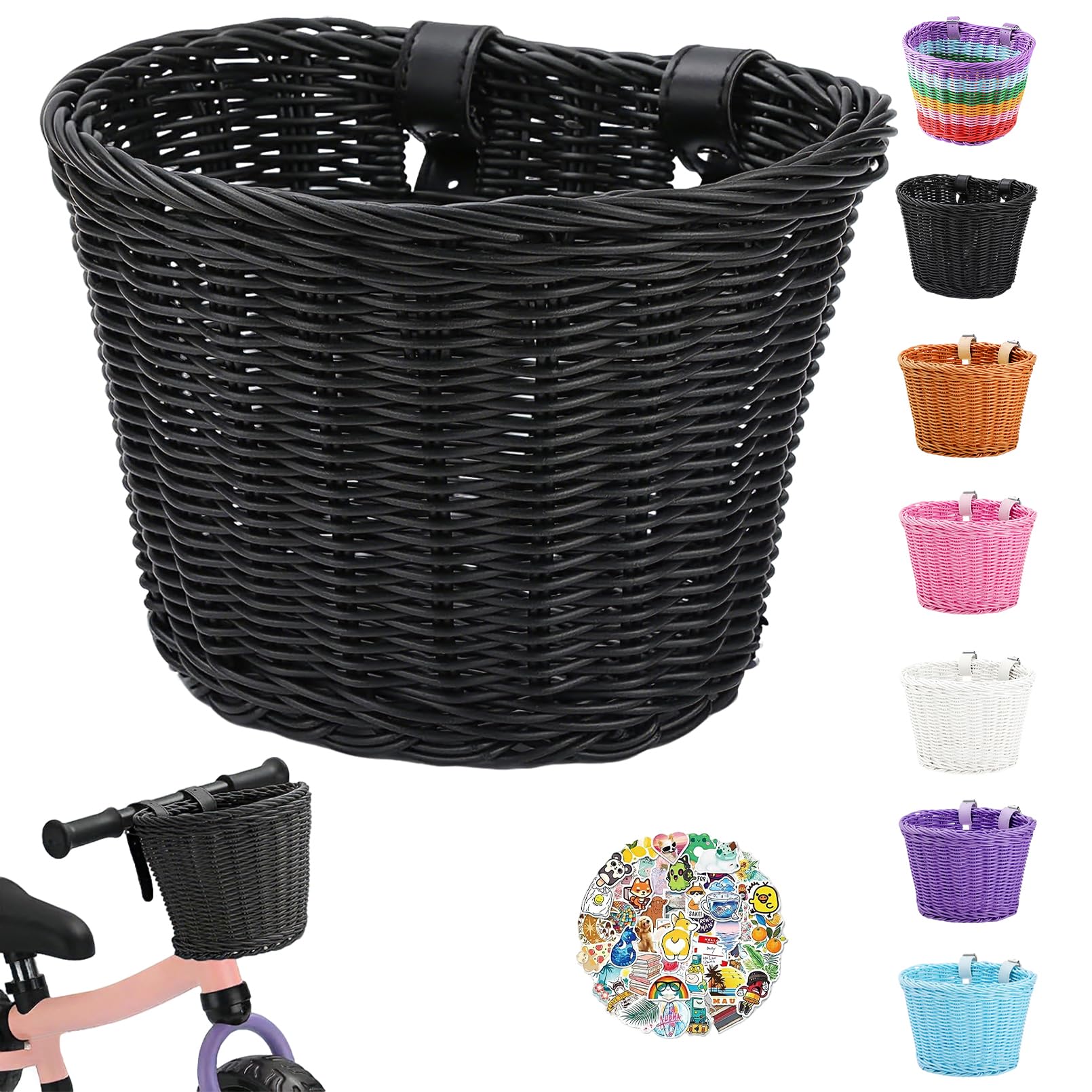 Kids' Bike Basket – Small Hand-woven Plastic Wicker Front Basket for Boys & Girls, Easy to Install & Waterproof (Black) — image 1