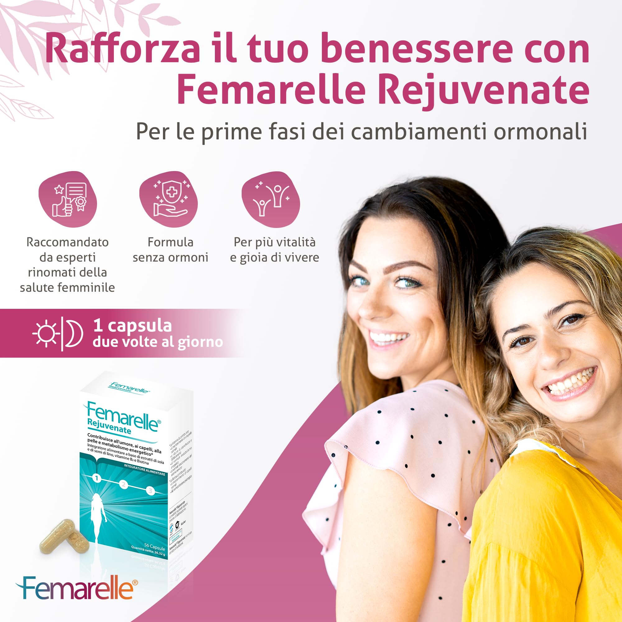 Femarelle Rejuvenate – Capsule senza ormoni per il benessere dell’umore, della pelle, dei capelli e dell’energia con DT56a, Vitamina B2, estratto di semi di lino e Biotina