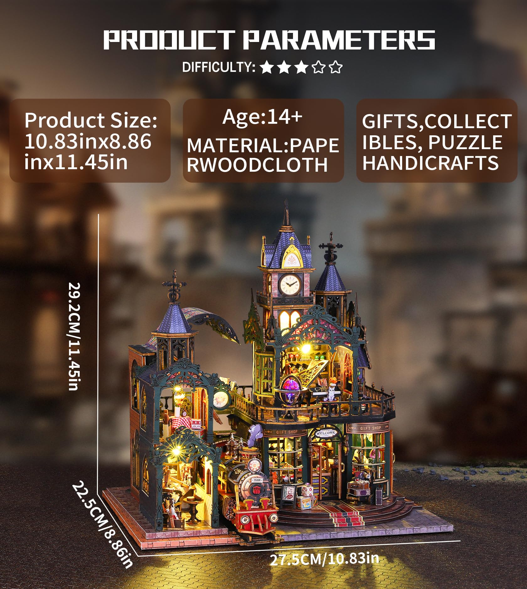 Spilay Miniatur Haus, Fantasy Uhrturmhaus Puppenhaus Holz | DIY Miniature House mit LED-Licht und Musikbox, 3D Puzzle für Erwachsene, Miniatur Bausatz, Regal Deko Geschenk