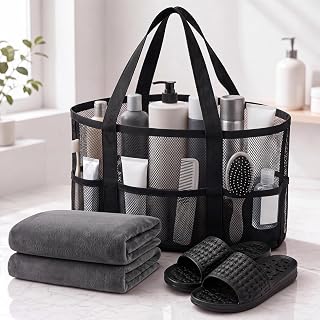3-in-1 Shower Caddy Dorm Mesh Towel Kit, Black, 9–10 Men | Bathroom Gym Travel Caddy – 9 Pockets Mesh Bag, 2 Quick-dry Towels & Non-slip Slippers, Portable College Essentials