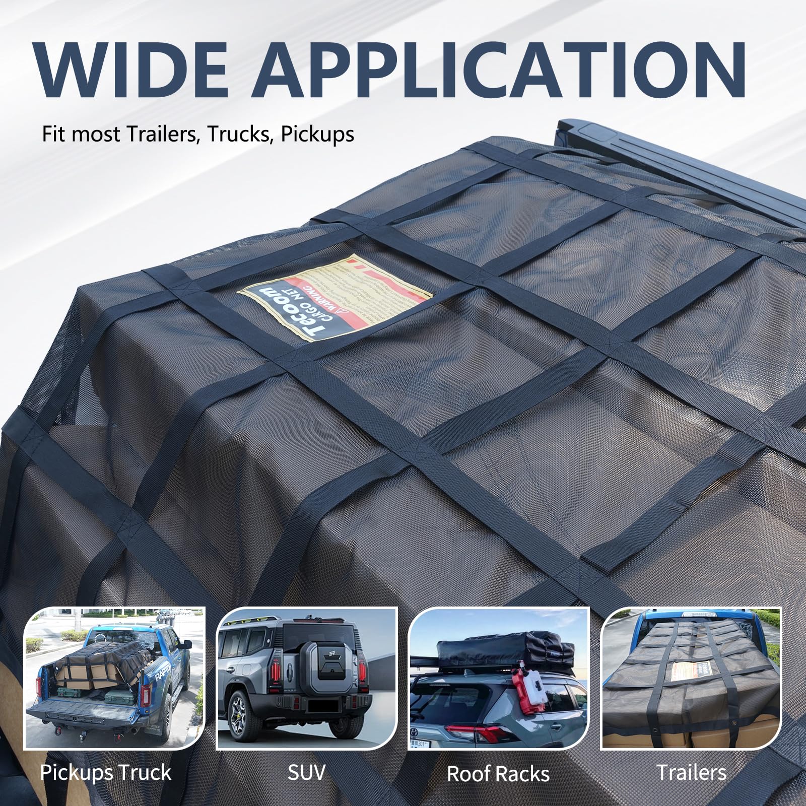 Tecoom Strapazierfähiges Gepäcknetz für Pickup-LKW-Bett, 12 x 13 cm, verstellbare Nockenschnallen, S-Haken und Kreuzgurt, 0,7 kg Kapazität, Gepäcknetz, LKW-Zubehör (147,3 x 155,9 cm)