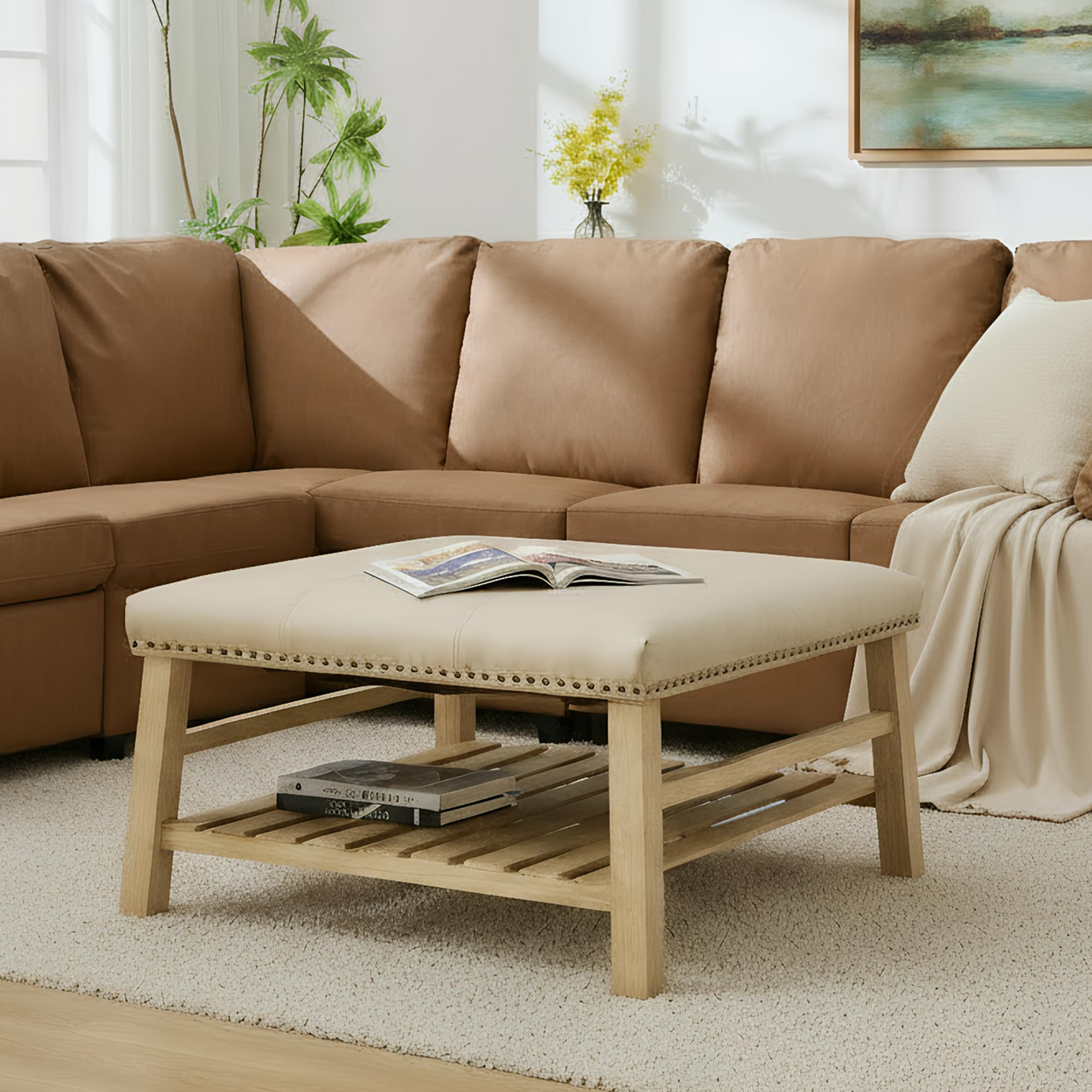 DM Furniture Square Ottoman Coffee Table for Living Room, 32" Farmhouse Upholstered Center Table with Storage Wooden Shelf, Countryside Faux Leather