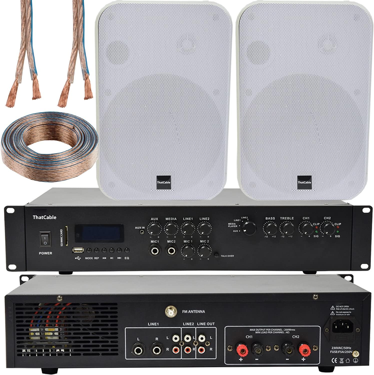 400W Stereo Bluetooth Sound System | 2 Channel HiFi Mixer Amplifier Amp Kit | 2x 200W White Wall Mounted Speaker | Powerful Loud Wireless Music Streaming | Bar Restaurant Home Audio | Echo Alexa