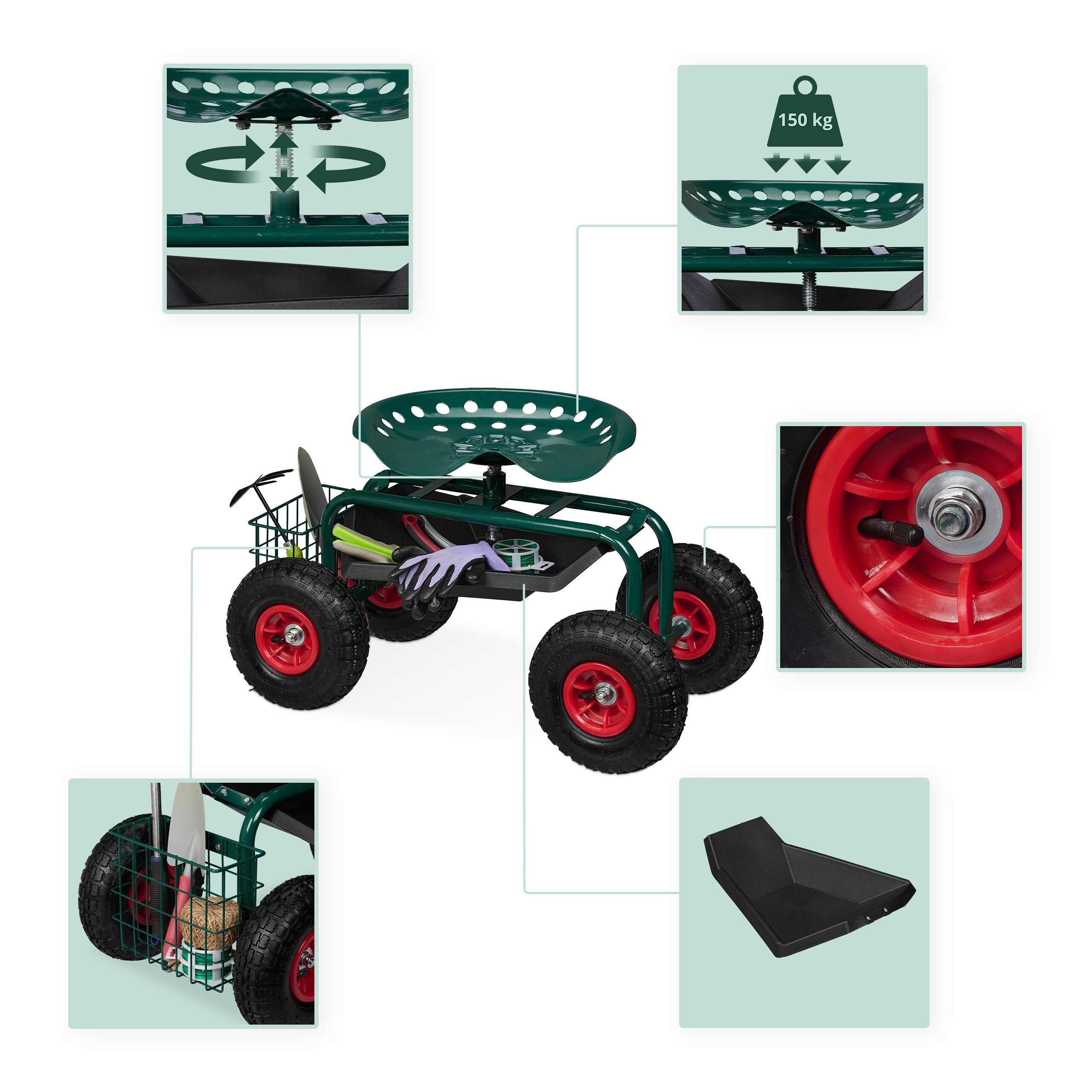 Relaxdays Siège Roulant de Jardin, Hauteur réglable, 150 kg, Accessoire Jardinage, Roues pneumatiques, Vert
