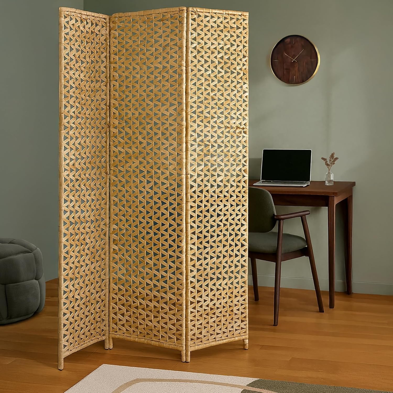 Box and beyond - Paravento da interno - 117 x 160 cm - Giacinto d'acqua naturale - 3 pannelli - Intreccio ajouré - Separatore di stanza - Camera, soggiorno, ufficio - Stile bohémien