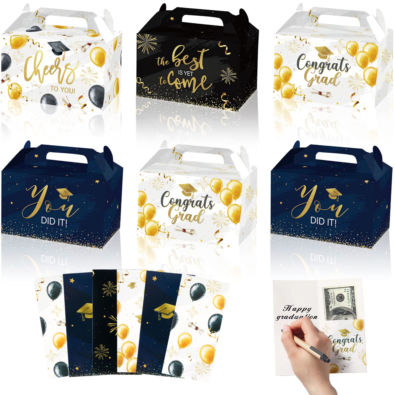 Photo 1 of 48Pcs Graduation Treat Boxes and Money Holder Cards Set 2023 Graduation Gifts Bulk Goodies Candy Gable Boxes with Handles Gift Card Holder Greeting Card for Graduation Party Decoration Supplies