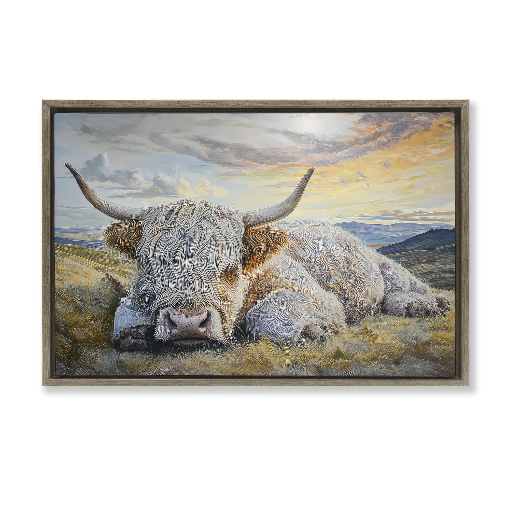 Stupell Industries Sleeping Highland Cow Sunset Sleeping Highland Cow Pastoral, 16 X 24 Inch Canvas In Floater Frame