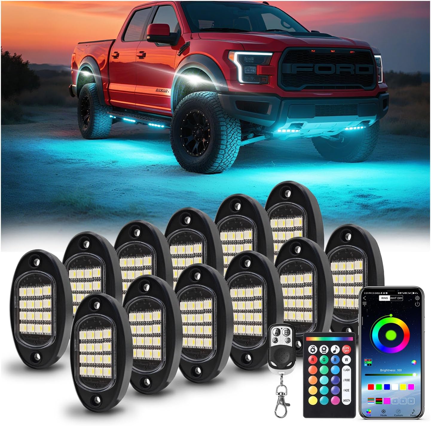 12 Pods RGBW LED Rock Lights and 4 Piece 70 inch/5.90FT 5-Pin RGBW LED Rock Lights Extension Cord Cable Wire Set