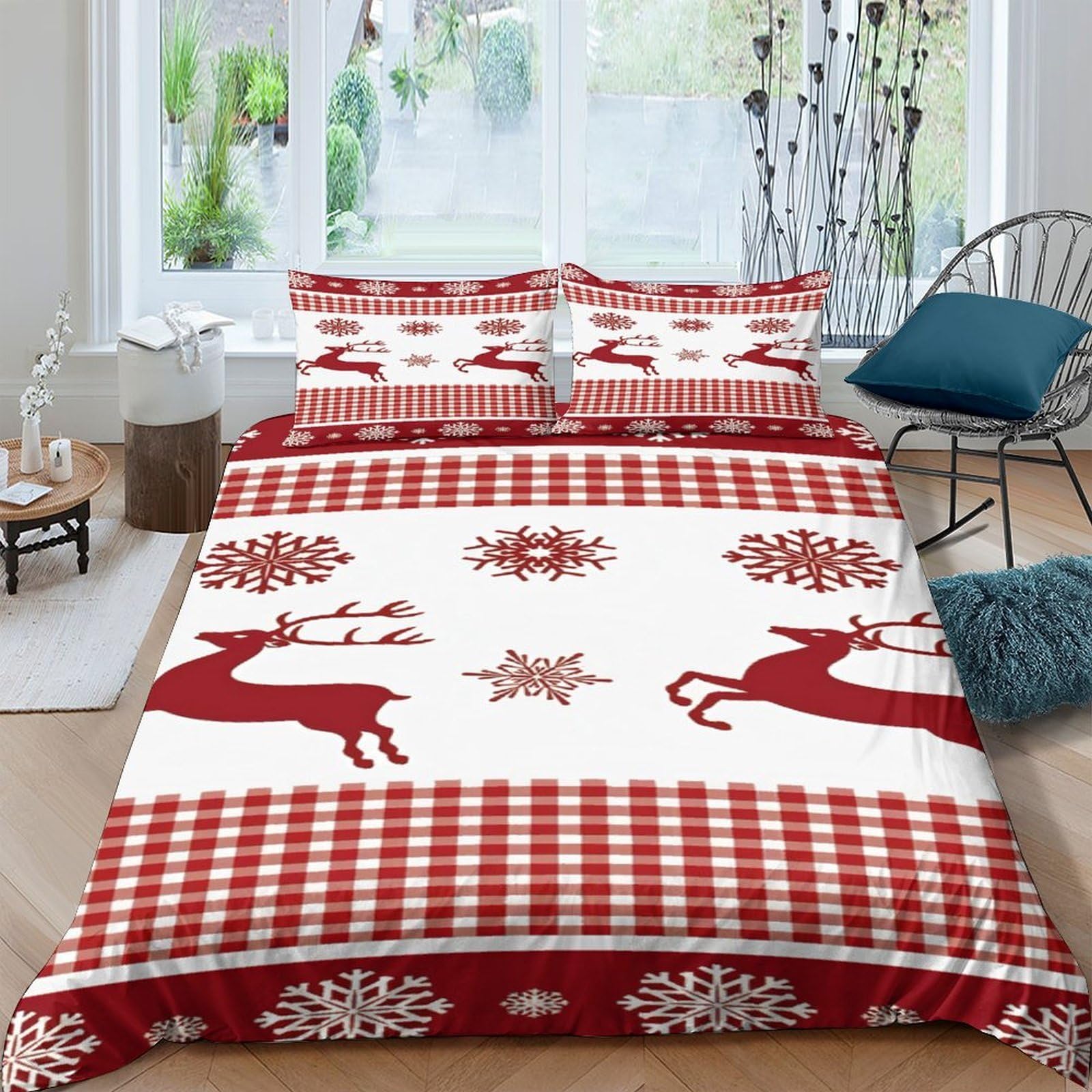 GPLZQXKJNH 3D Printed Red Reindeer Duvet Cover Microfiber Soft Snowflake Bedding Set with 2 Pillowcases for Bedroom Decor Single（135x200cm）