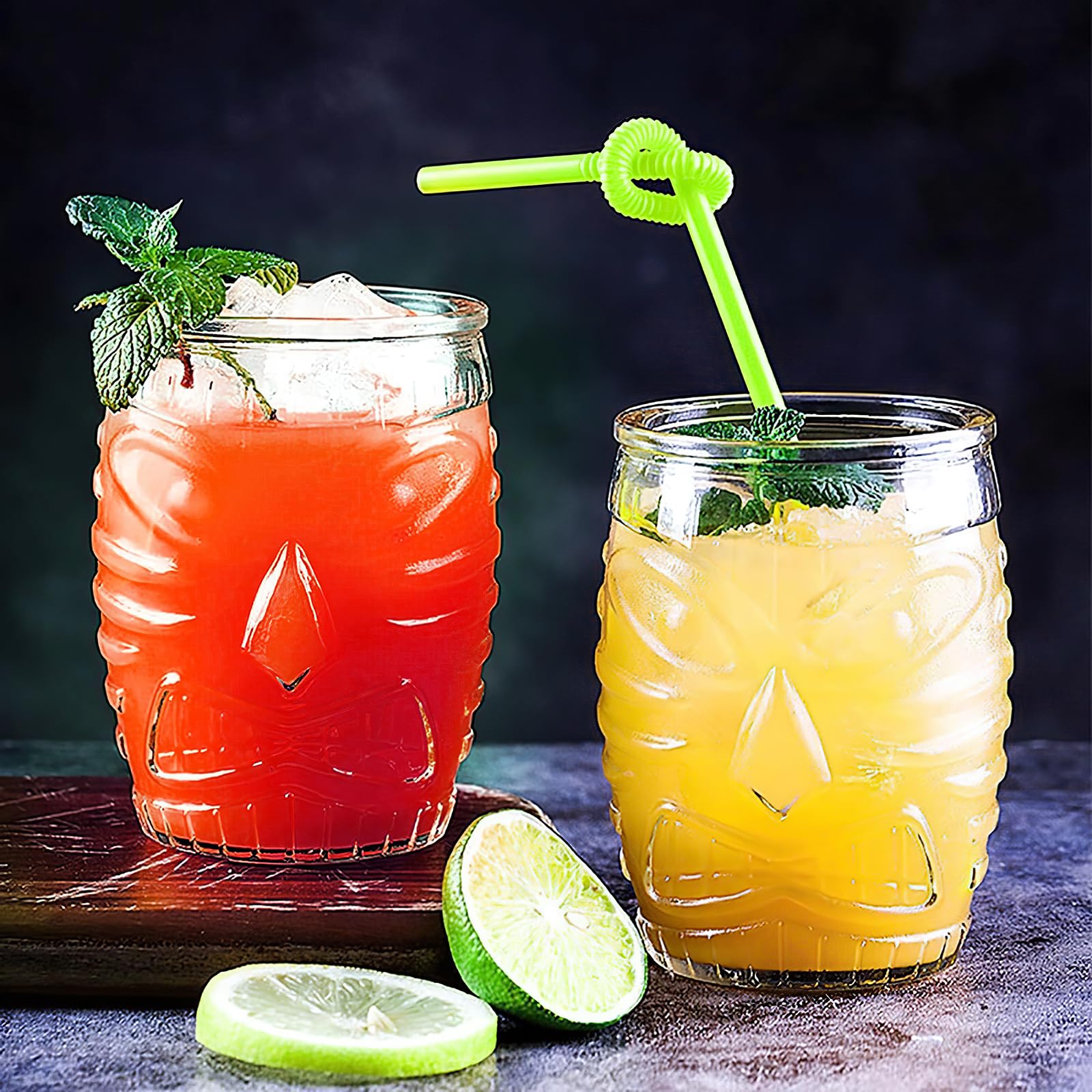 Juego de 6 vasos de cristal transparente Tiki (480 ml) – Copas de cóctel premium para mai tai, piña colada y ron – Hawaiian Luau Party Deko Bar vasos aptos para lavavajillas