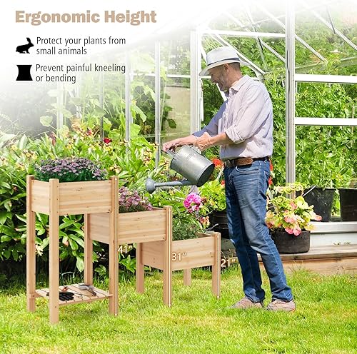 Miniatura 5 de Giantex Juego de 3 camas de jardín elevadas, jardinera de madera con estante de almacenamiento, camas elevadas para frutas, verduras, flores,
