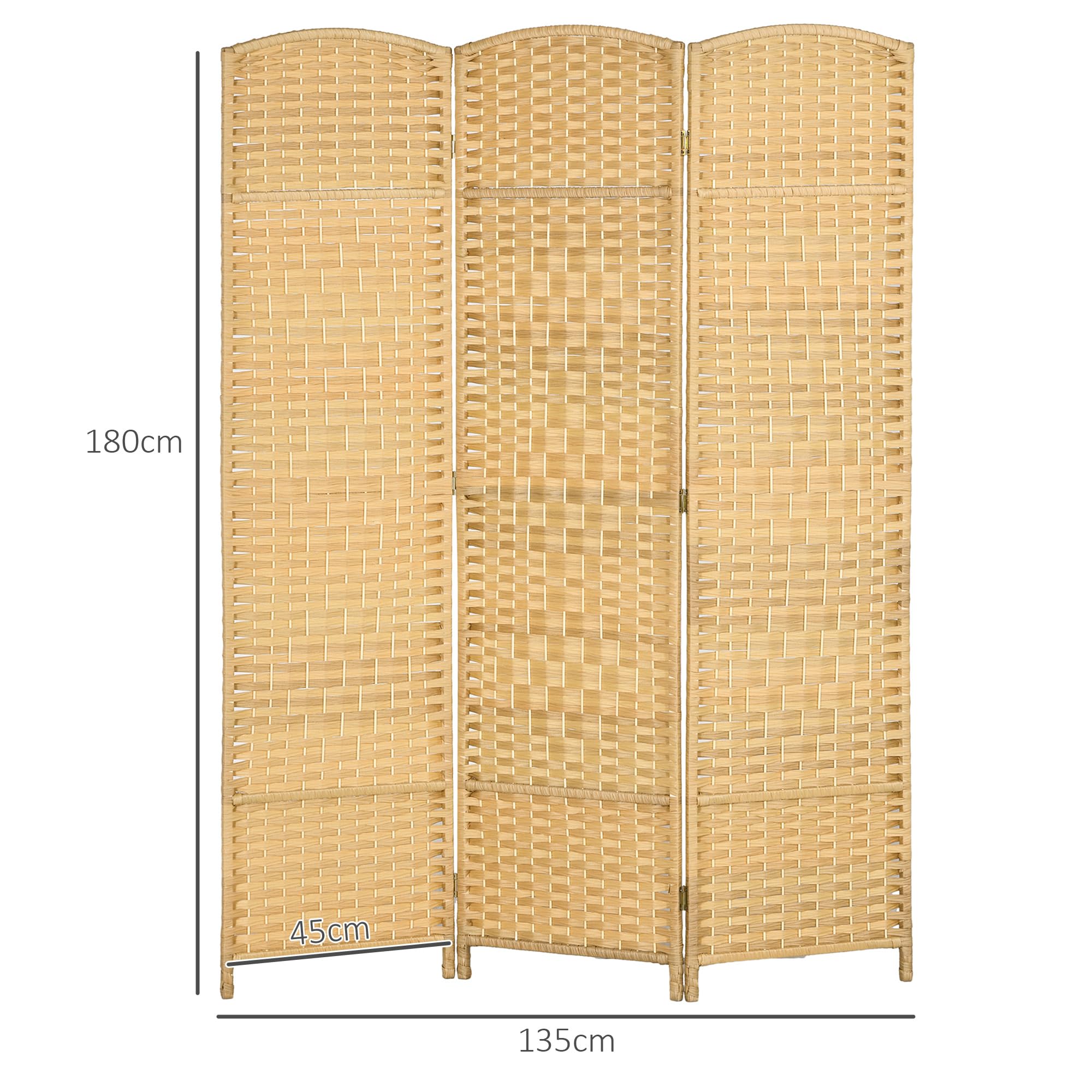HOMCOM Paravento da Interno a 3 Pannelli Pieghevole, 135x180 cm Separé Divisorio per Ambienti Interno Autoportante Intrecciato in PP e Legno di Pino per Casa, Soggiorno e Ufficio, Effetto Naturale