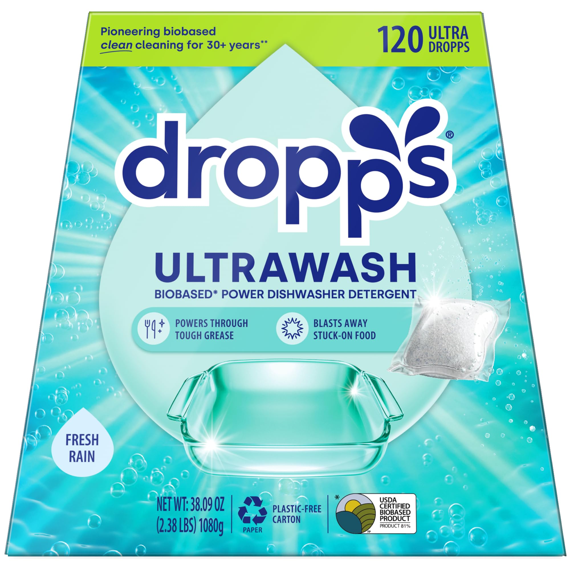 Dropps Dishwasher Detergent | Fresh Rain, 120 Pods | Deep Cleans for Sparkling, Shiny Dishes| Low-Waste Packaging | No Rinse Aid or Pre-Wash Needed | Powered by Natural Mineral-Based Ingredients