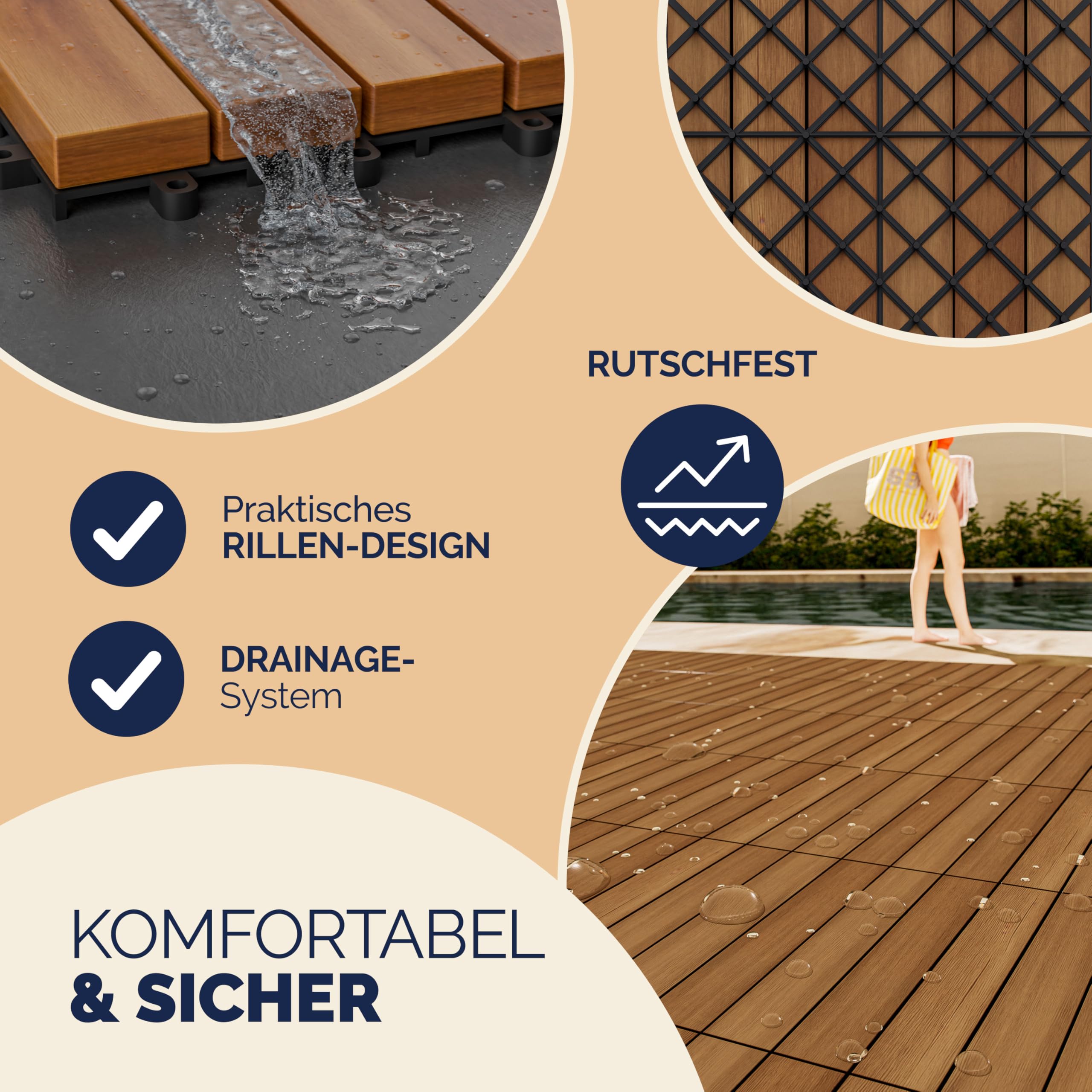 CASARIA® 66x Dalles bois clipsables 30x30cm bois d'acacia | certifié FSC®, bois d'acacia pré-huilé, dalles 30x30cm, fixation par clips, système de drainage, résistant aux intempéries