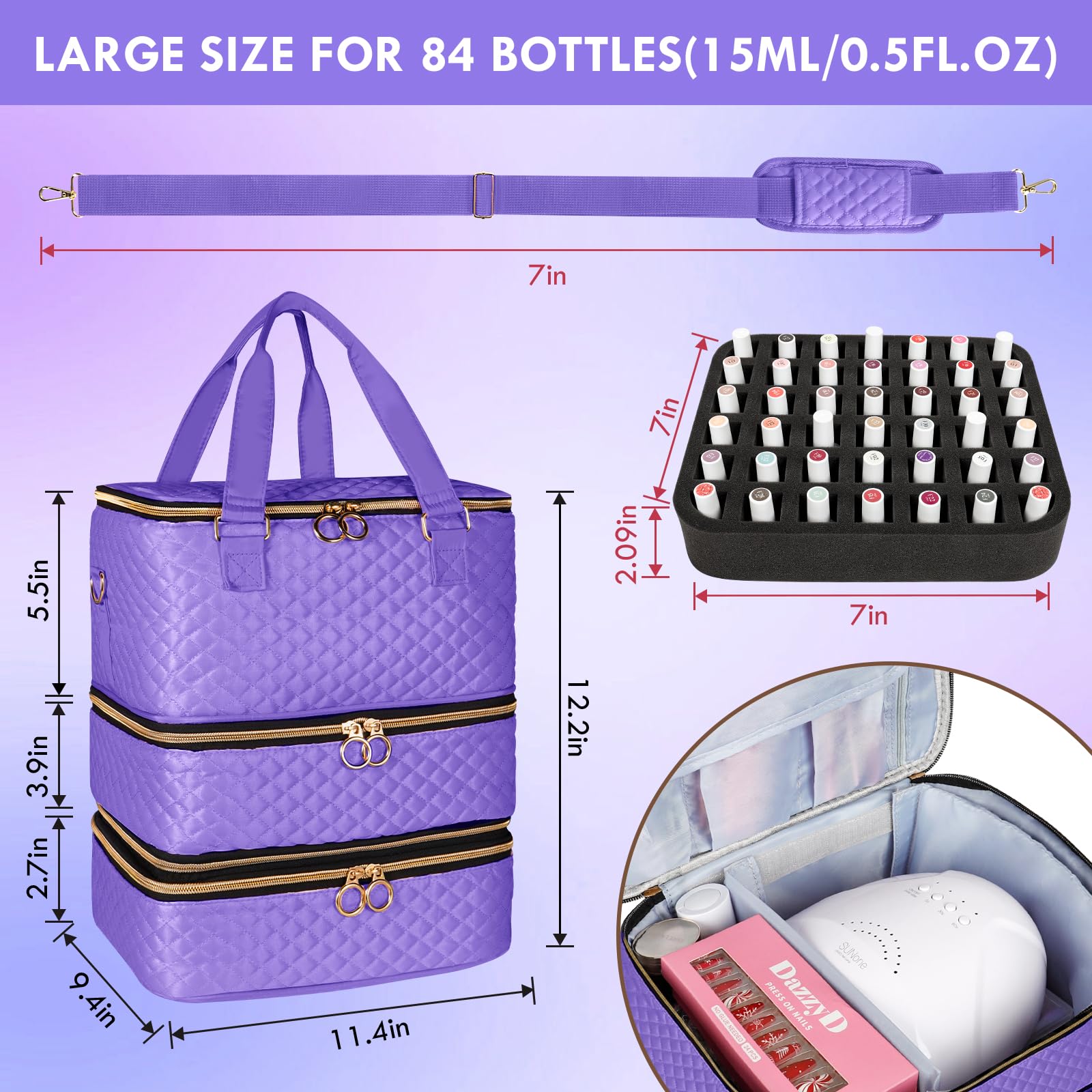 MZTXY Nail Polish Organizer Bag, 3 Layers Nail Kit Organizers and Storage Case Holds 84 Bottles(15ml/0.5fl.oz)& Nail Lamp, Large Shoulder Bag Travel Carrying Case Box for Nail Supplies