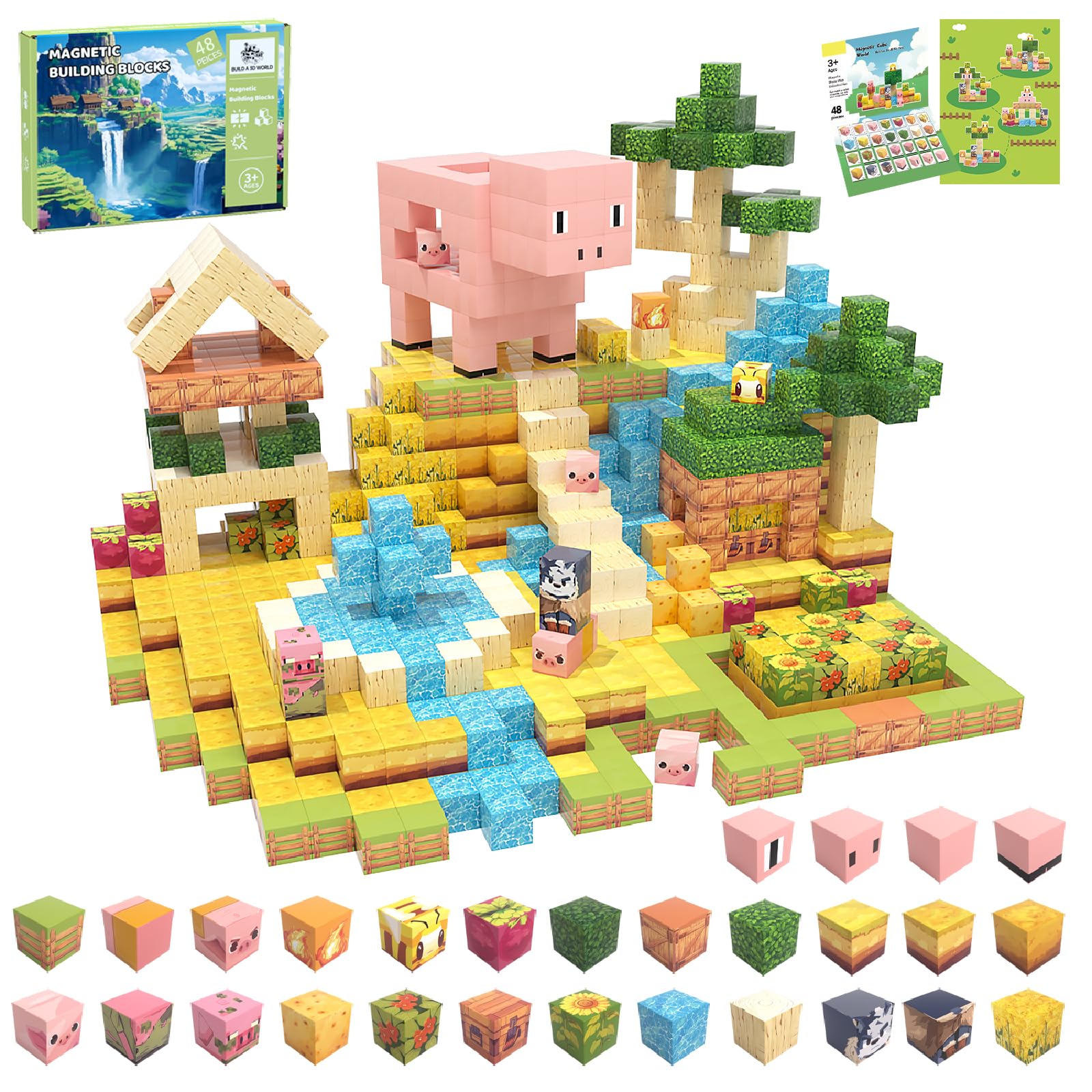 SSAWER Magnetic Blocks, 48PCS Magnetic Building Blocks, Stacking Magnets for Kids, STEM Constructions Magnet Blocks for Boys Girls Age 3+, Christmas Birthday Gifts (Piggy Forest) — image 1