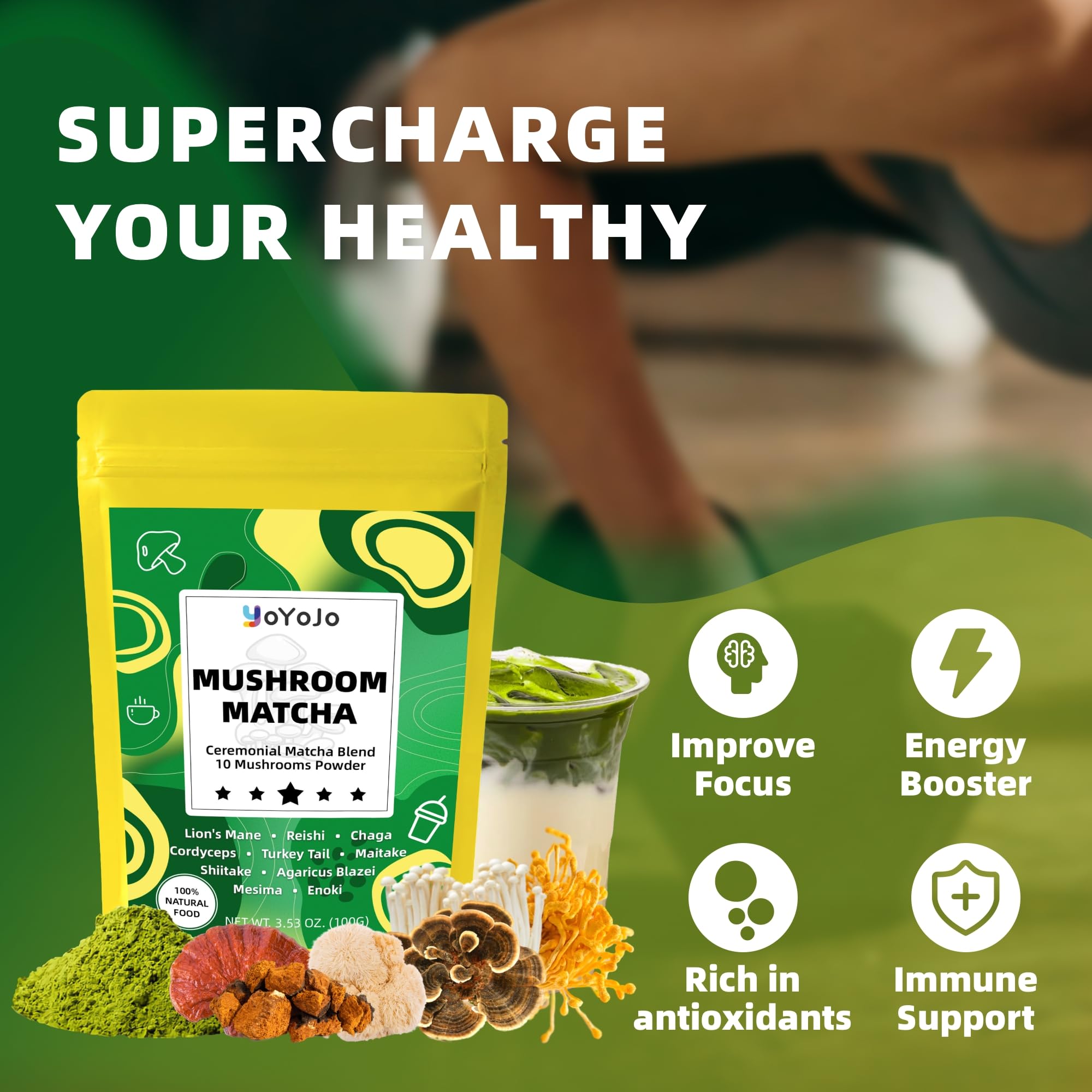 Mushroom Matcha 10 Superfood Mushroom Powder Blend with Japanese Ceremonial Grade Matcha Mushroom Coffee Alternative for Energy Focus — view 4