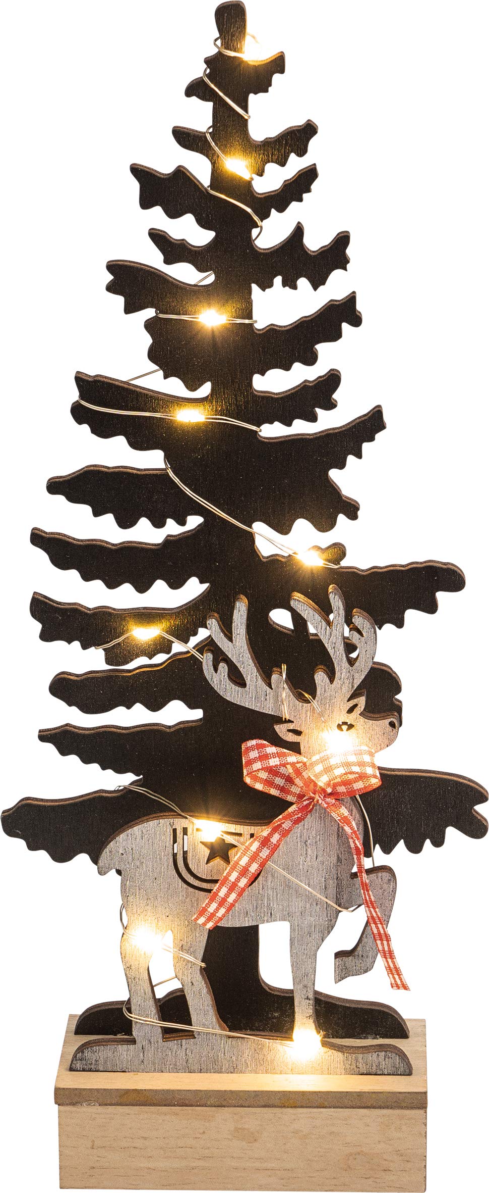 St Helens Wooden Christmas Tree Light - Battery Powered - Reindeer Base - Warm LED Glow - 31cm