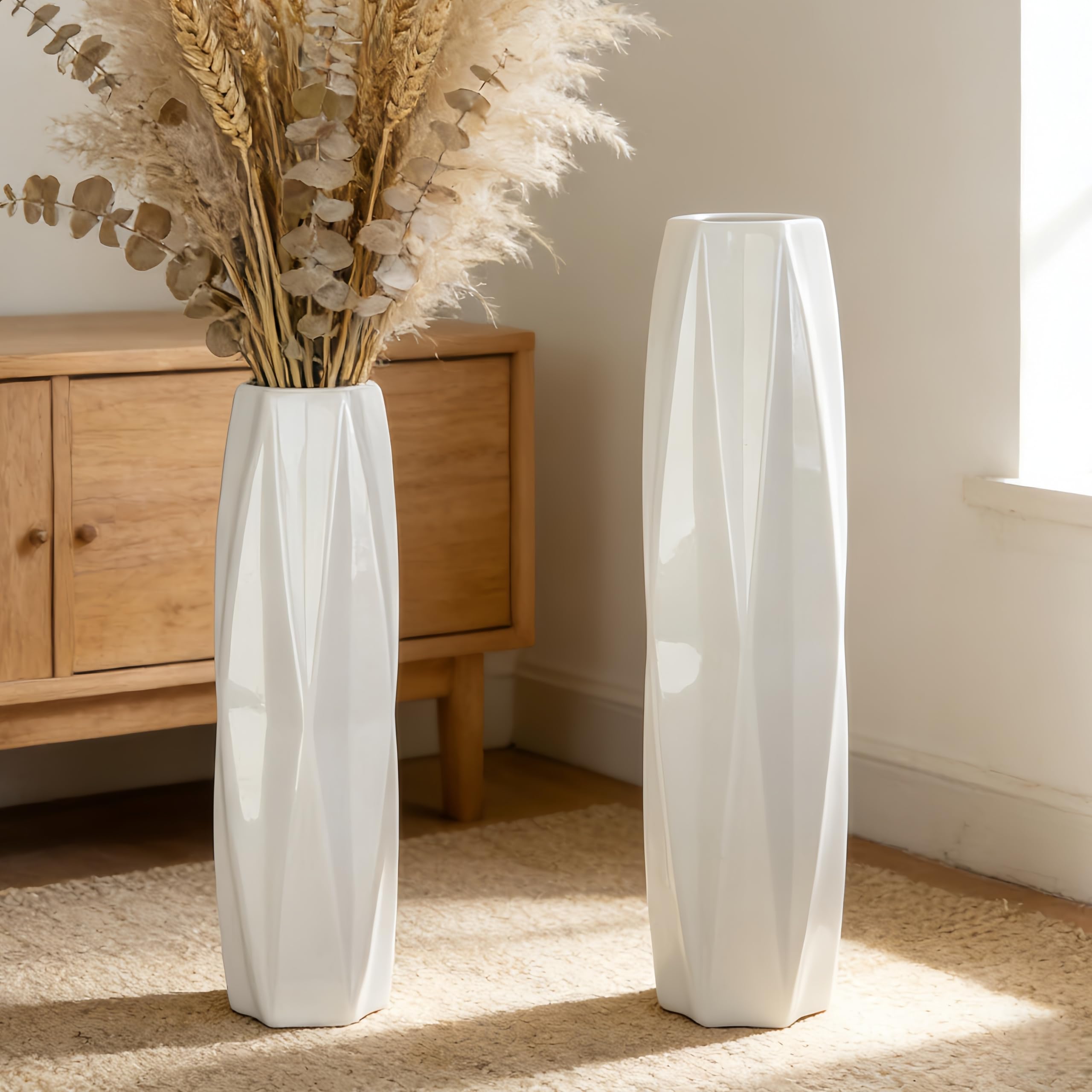24" Weißer Keramik Bodenvasen 60cm, Große Dekorative Blumenvasen für Wohnzimmer, Schlafzimmer und Büro, Modernes Wohnaccessoire, Glänzende Glasur