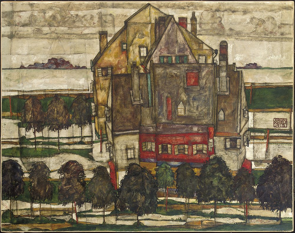 Réplica de Egon Schiele Houses in Yellow and Red pequeña en papel mate de archivo y marco marrón