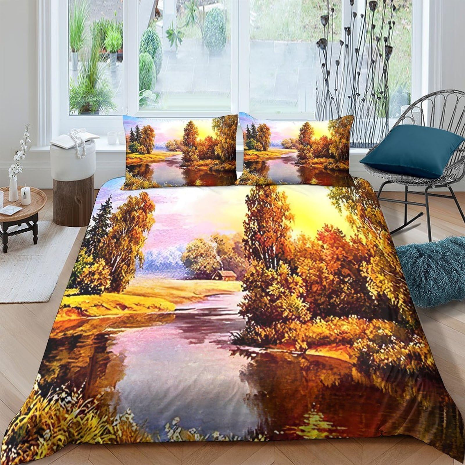 Ctjqhvkz Style-2 3D Printed Autumn Forest Fitted Sheet Microfiber Scenic River Bed Cover Non Slip Easy Care For Bedroom Guest Room Single（135X200cm）