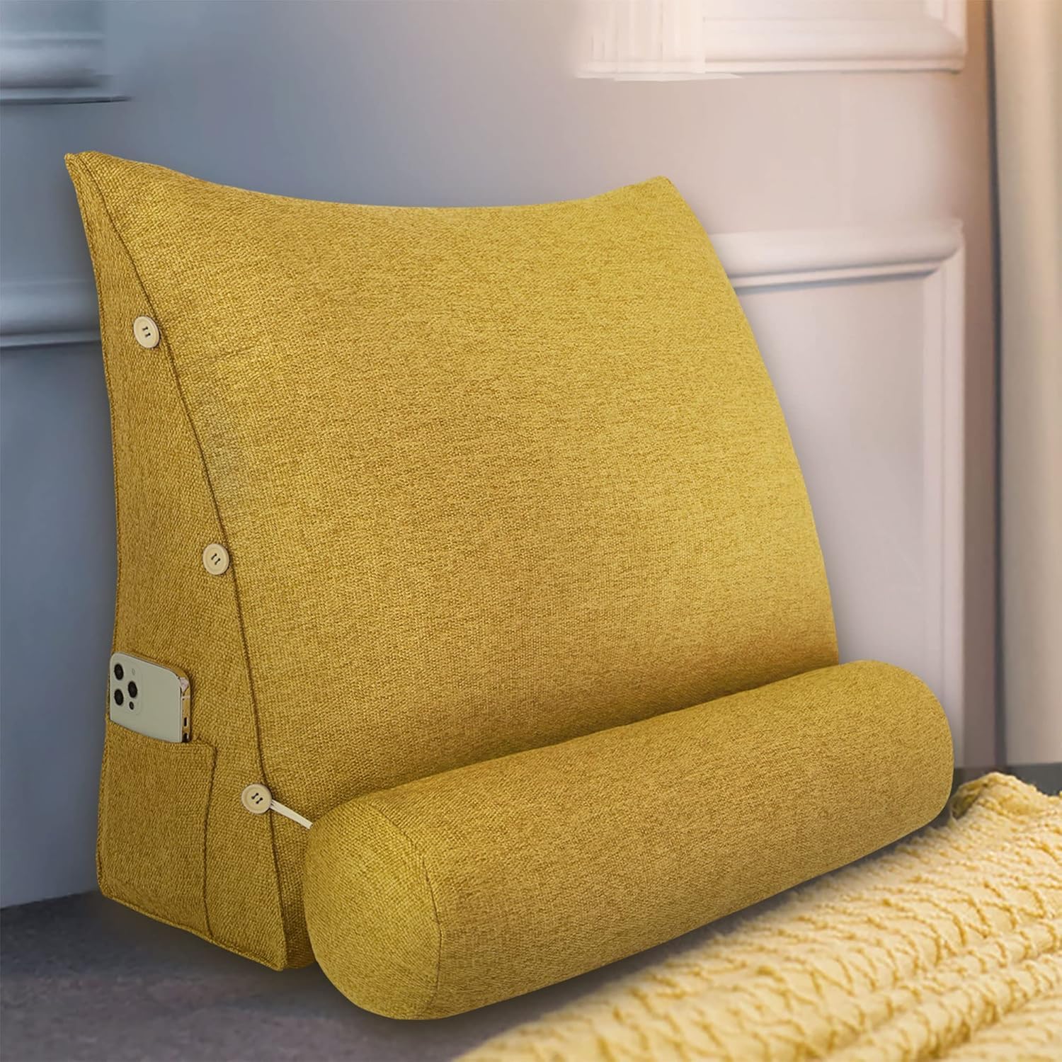 Coussin De Lecture Adulte - Dossier Lombaire 50x22 Cm Avec Poche Et Fermeture éclair, Blanc Lin