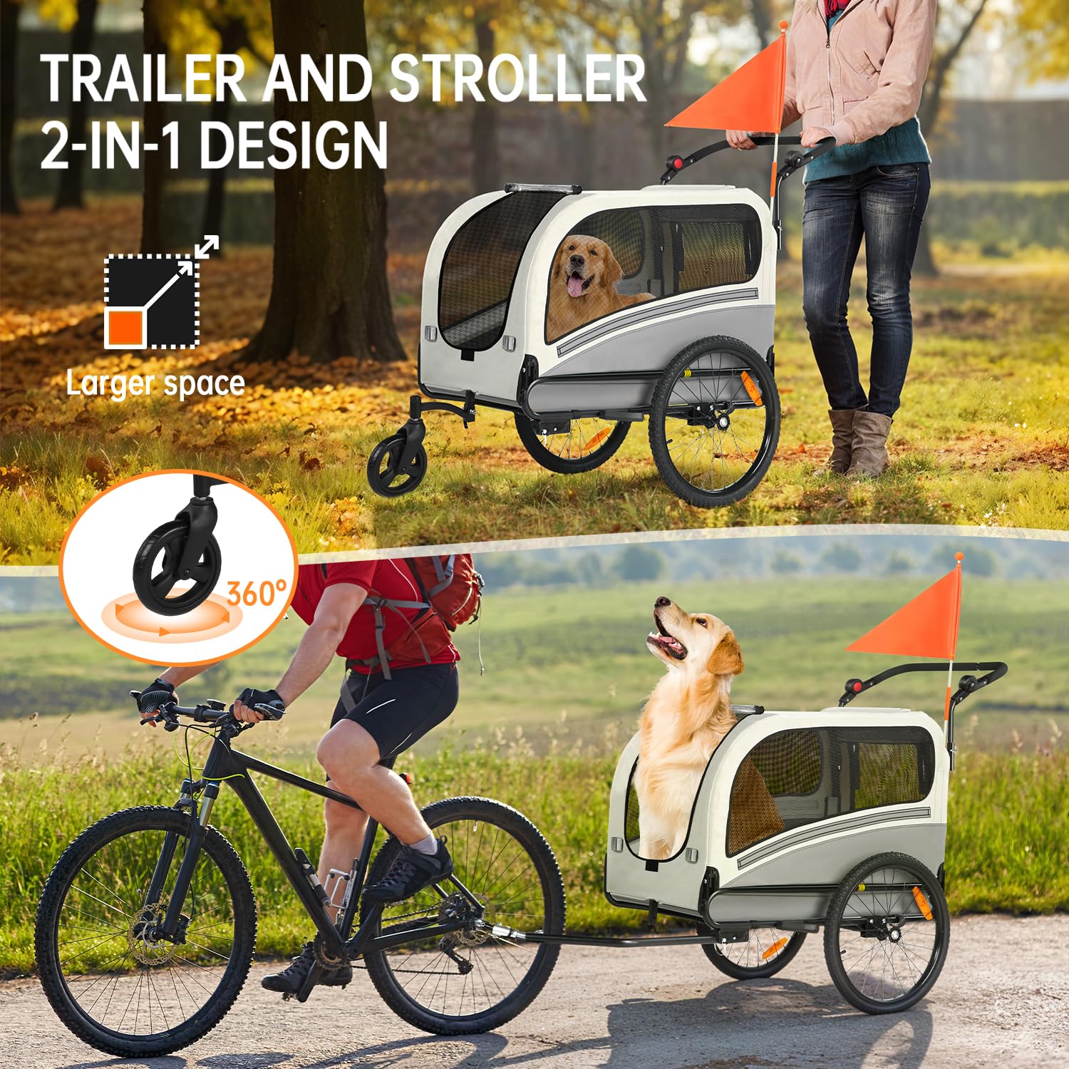 Remolque de bicicleta 2 en 1 XXL para perros, remolque plegable para perros con apertura de techo, reflectores y tiras reflectantes, acoplamiento universal para bicicleta, manillar de