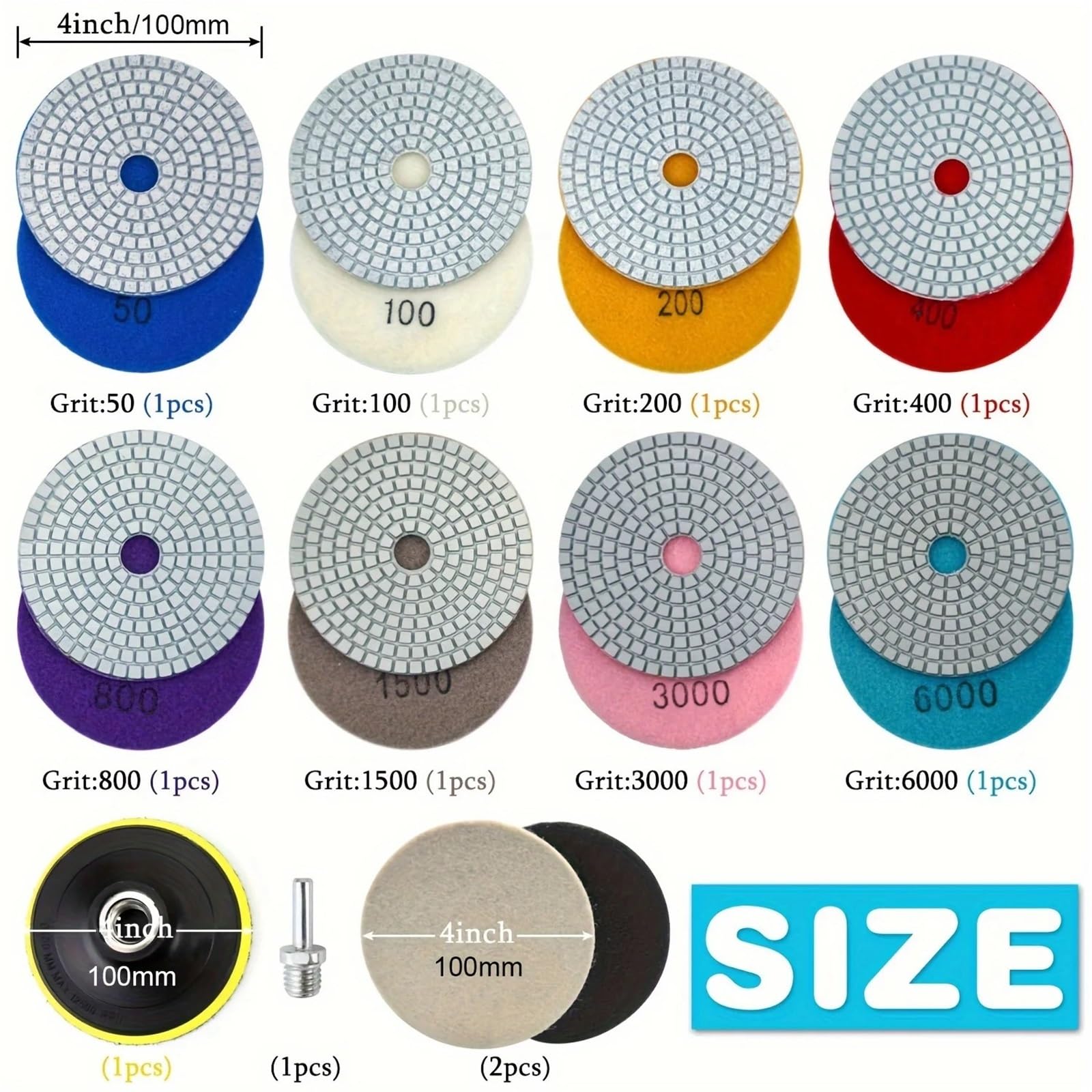 12 tamponi diamantati for lucidatura da 4 pollici 100 mm con supporto da 5/8 "11 pietra di granito bagnata/asciutta for pietra di marmo di cemento
