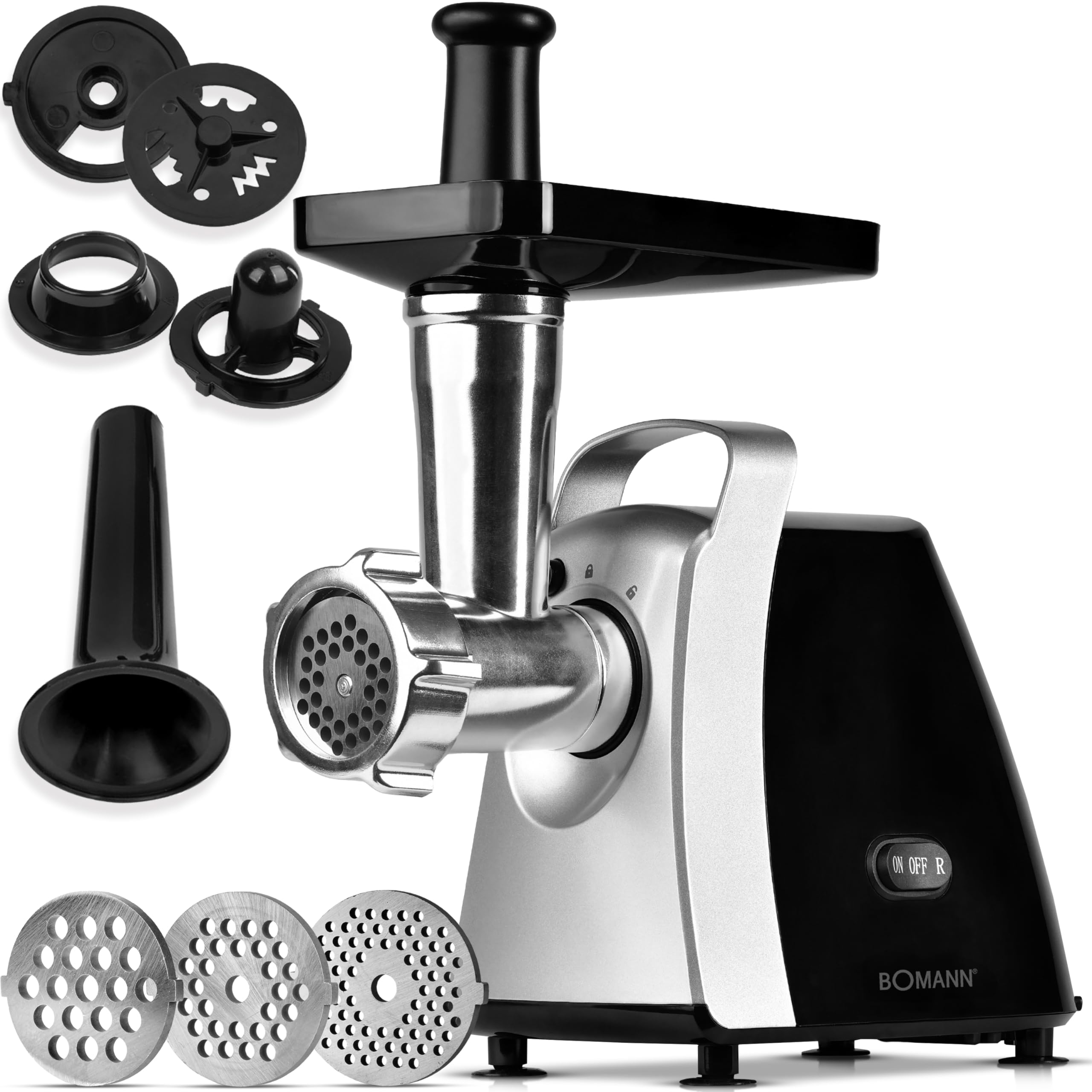 Bomann® Fleischwolf 1000W | mit Aufsatz für Plätzchen/Spritzgebäck | Fleischwolf elektrisch | 3 Metall-Lochscheiben | Vor- und Rücklauf | inkl. Wurstfüller | Metall-Hals u. Schnecke | FW 6067 CB