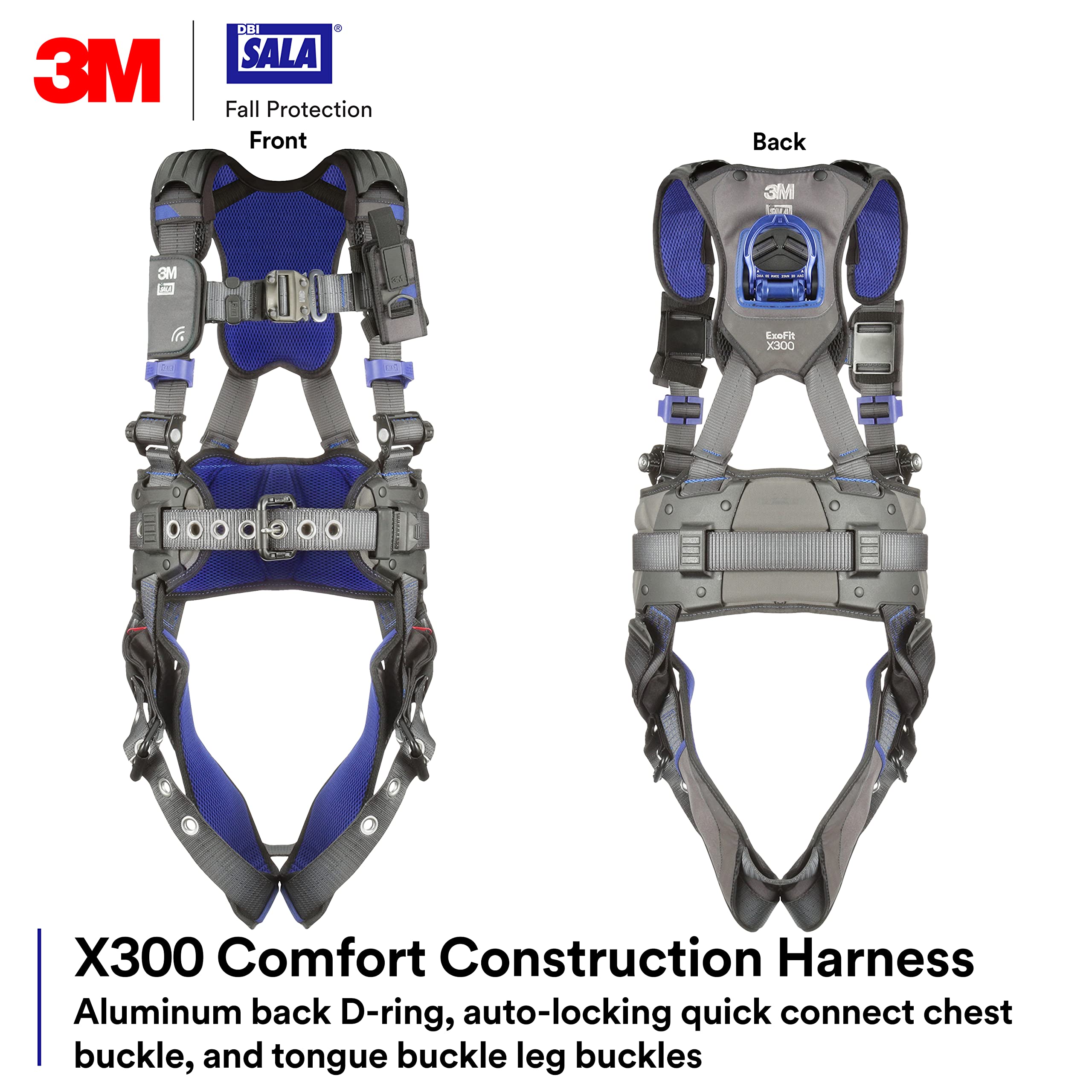 3M 1403049 DBI-SALA ExoFit X300 Comfort Construction Safety Harness Fall Protection, OSHA, ANSI, Lightweight Aluminium Back D-Ring, Auto-Locking Quick Connect Chest Buckle, Tongue Leg Buckle, Medium