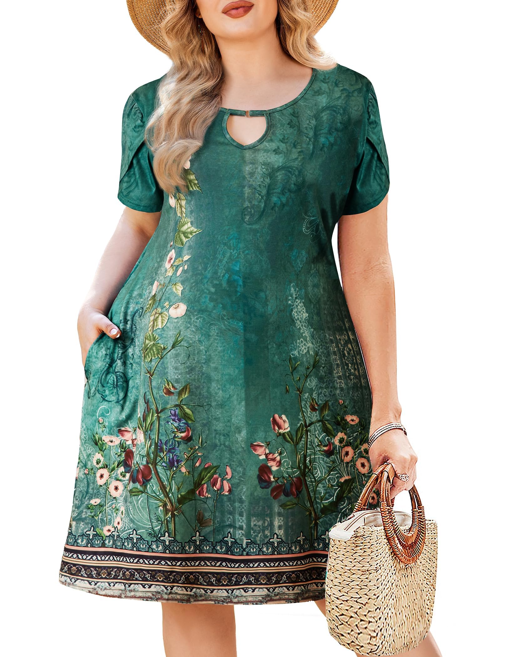 IN'VOLANDWomen's Plus Size Casual Dresses with Pockets Summer Beach Floral Tshirt Short Sleeve Loose Flowy Sundresses