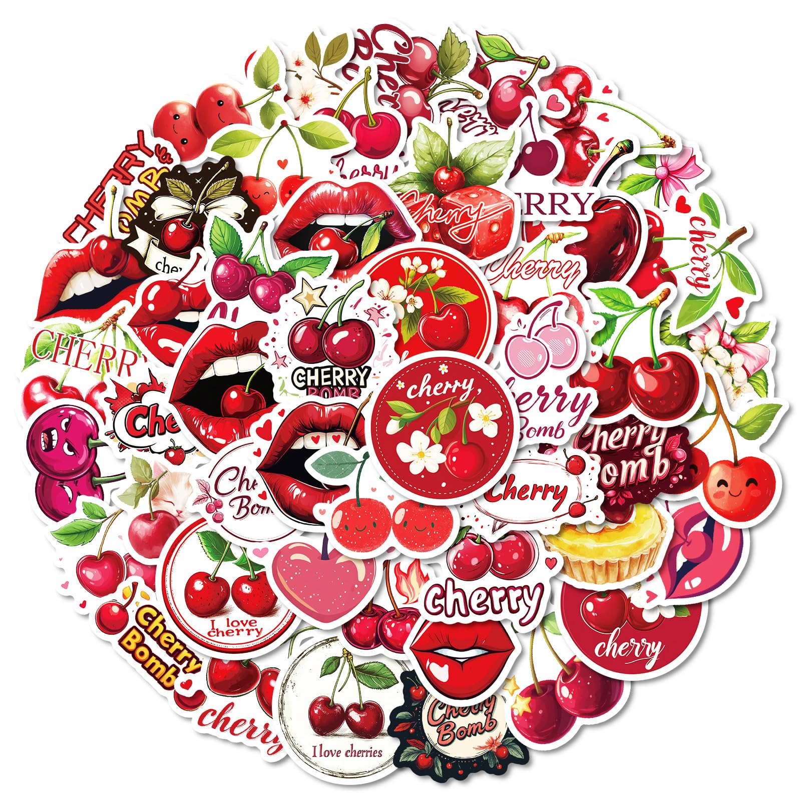 Cherry Stickers Cute Fruits Stickers Pack 50PCS, Icicrim Cherry Bomb Stickers for Water Bottles Laptop Phone Scrapbook Skateboard Waterproof Vinyl